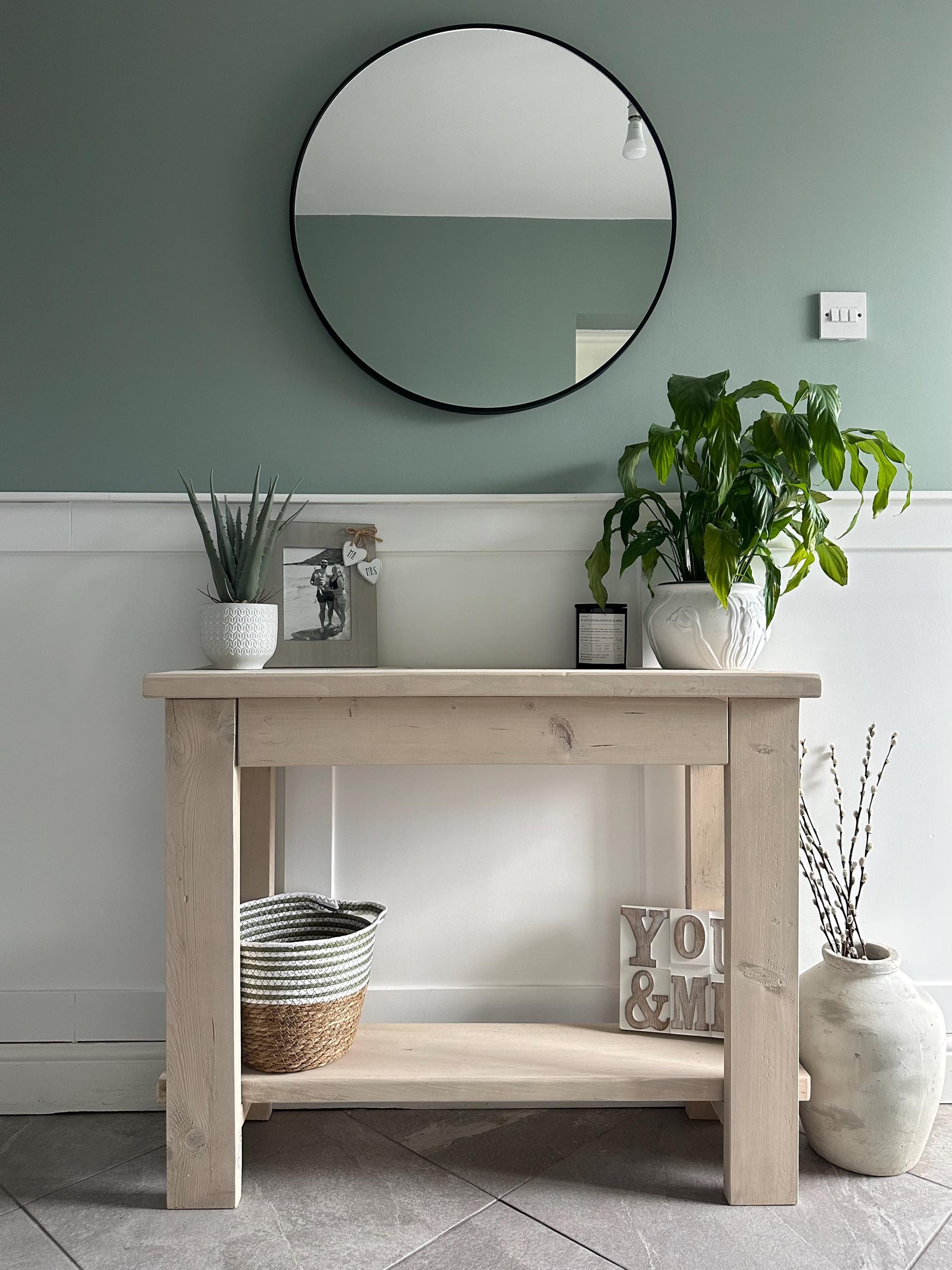 Handmade reclaimed wood hall tables and consoles in Limed Oak with storage shelf