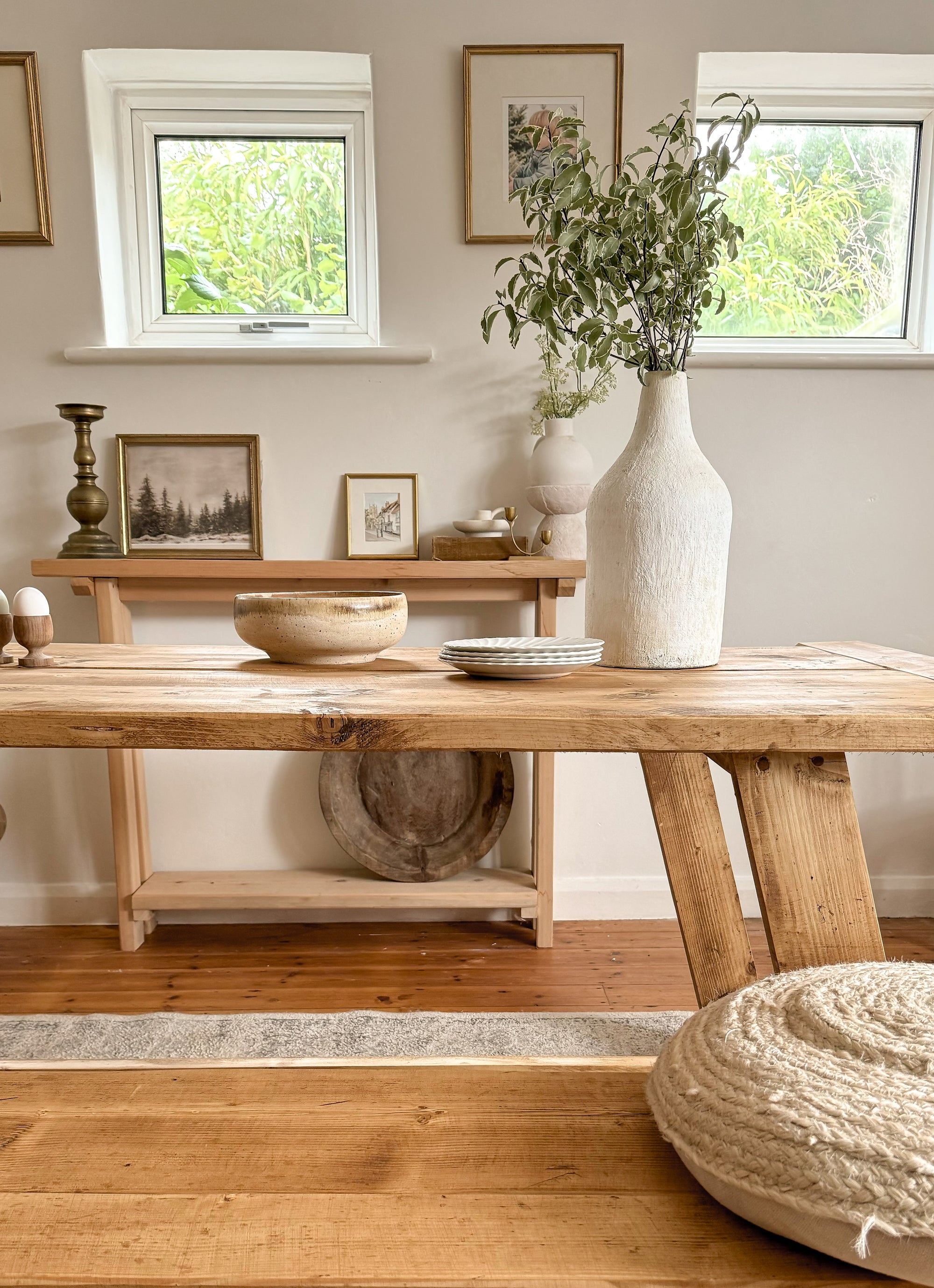 Close up styled version of the Farmhouse table, showing the woodgrain of the table.