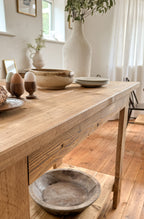 Close-up of reclaimed wood surface on The Pantry butchers block kitchen island, antique oak finish