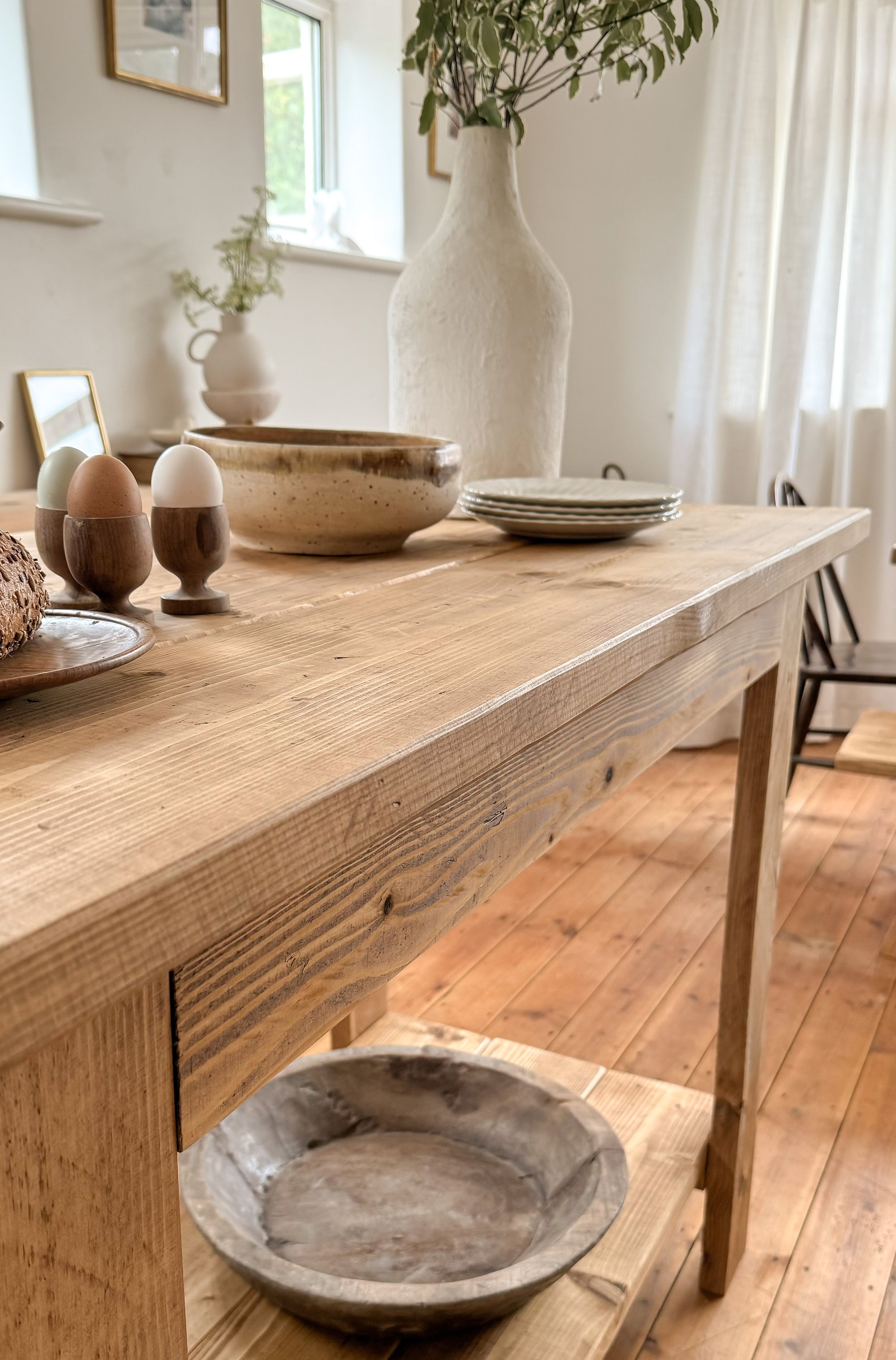 Close-up of reclaimed wood surface on The Pantry butchers block kitchen island, antique oak finish