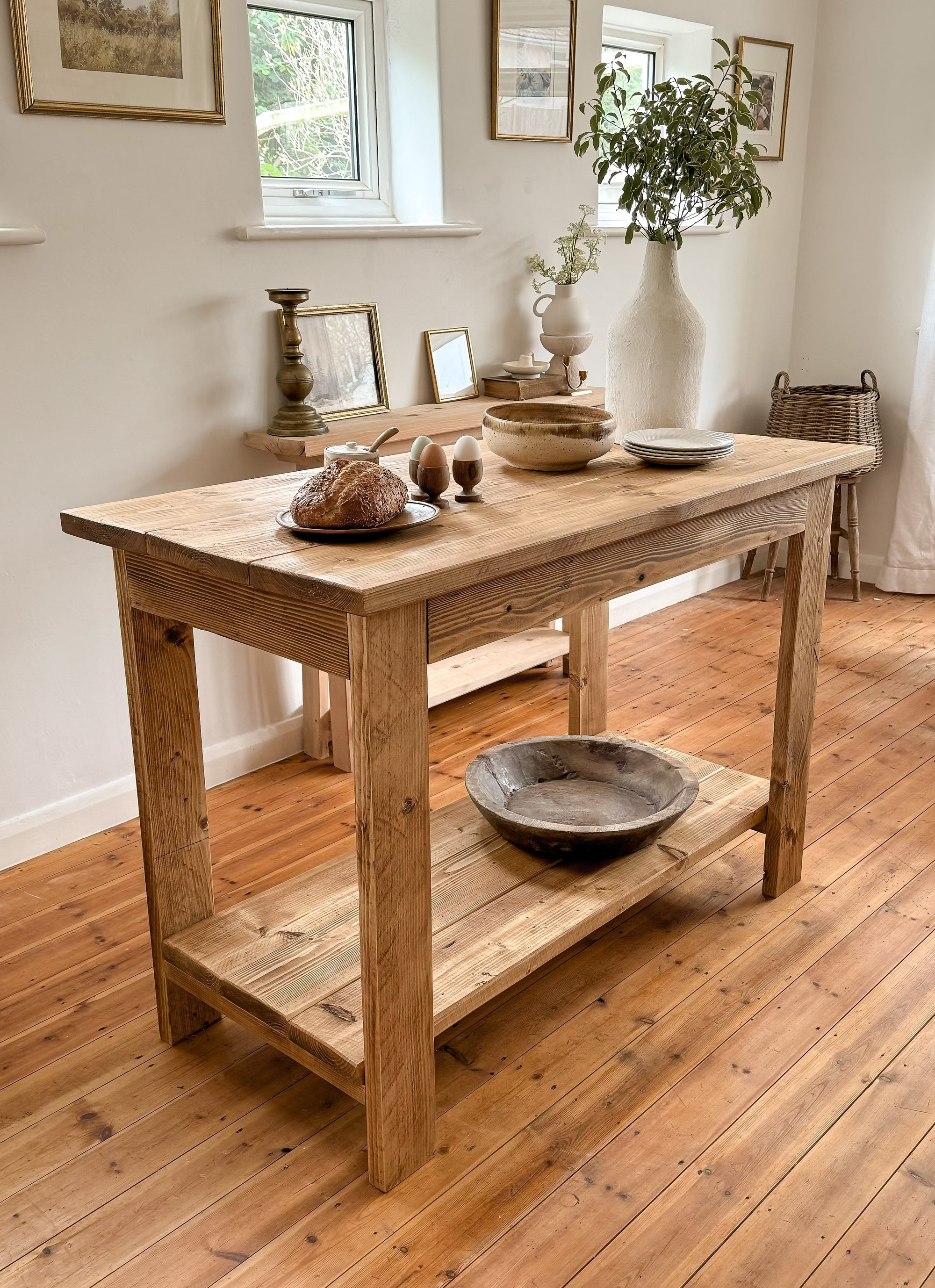 Diagonal angle of The Pantry rustic farmhouse kitchen island, freestanding with storage in antique oak finish