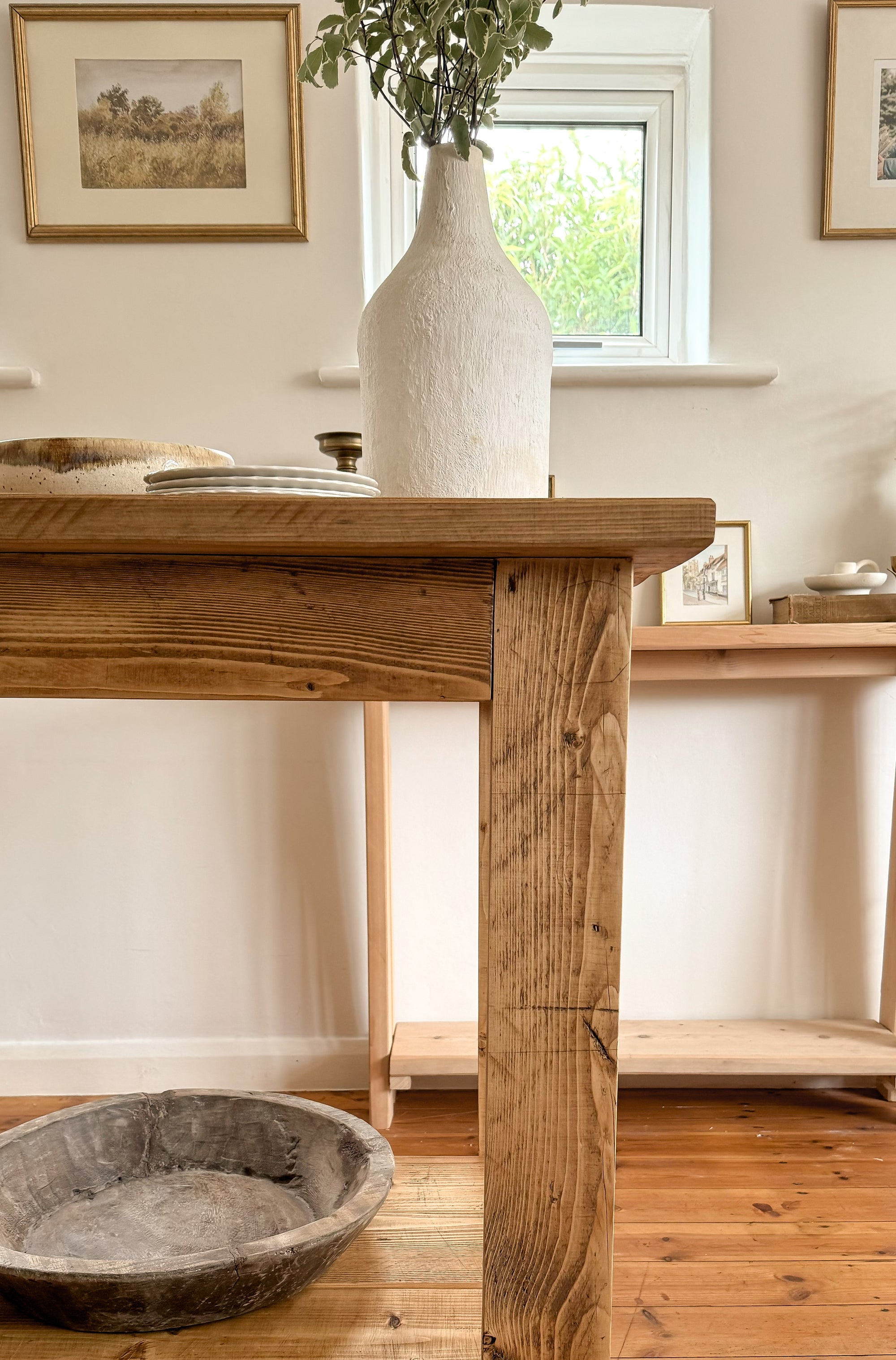 Leg detail of The Pantry rustic farmhouse kitchen island, antique oak reclaimed wood design