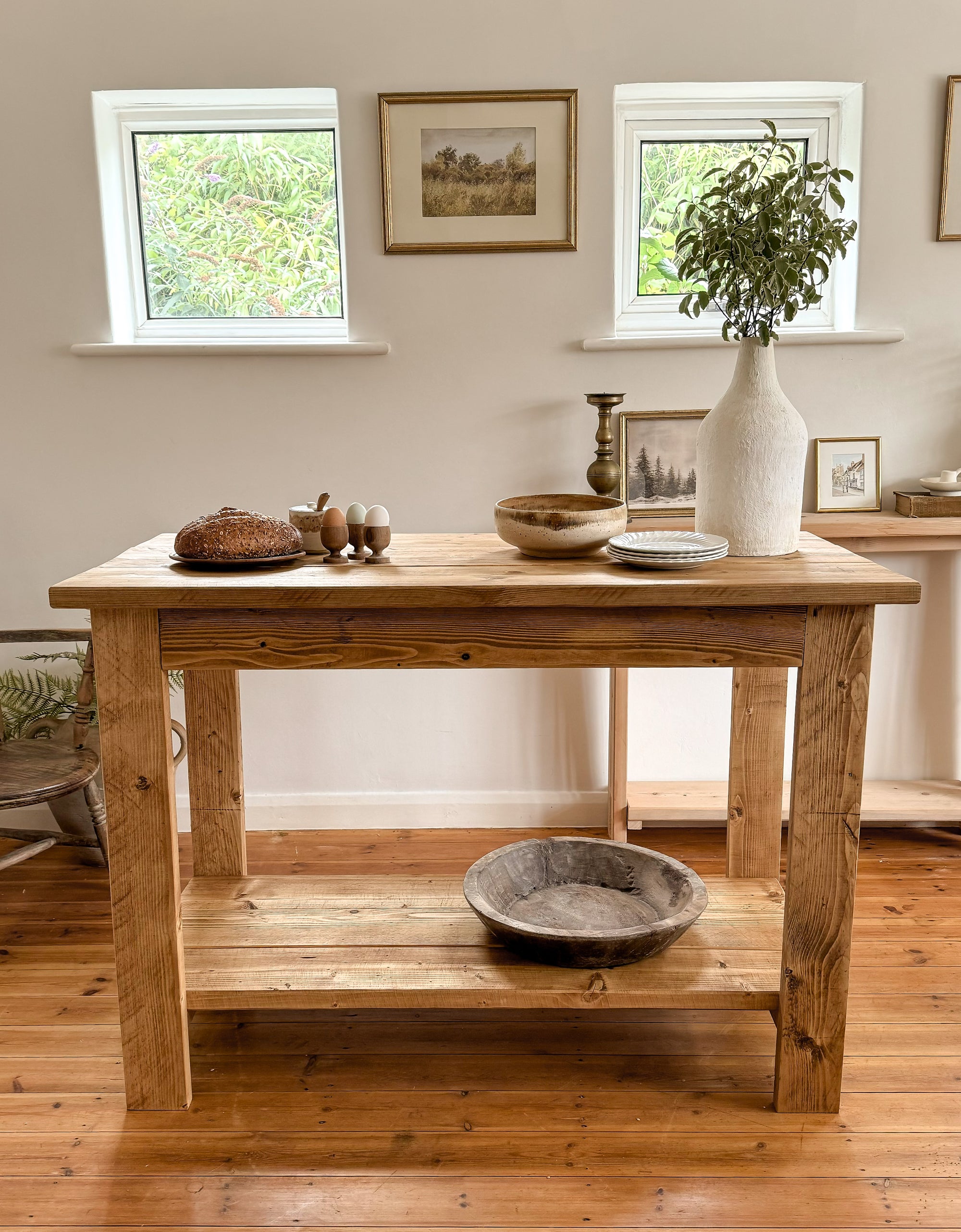 Butchers block kitchen island movable freestanding solid wood rustic farmhouse syle with storage shelf