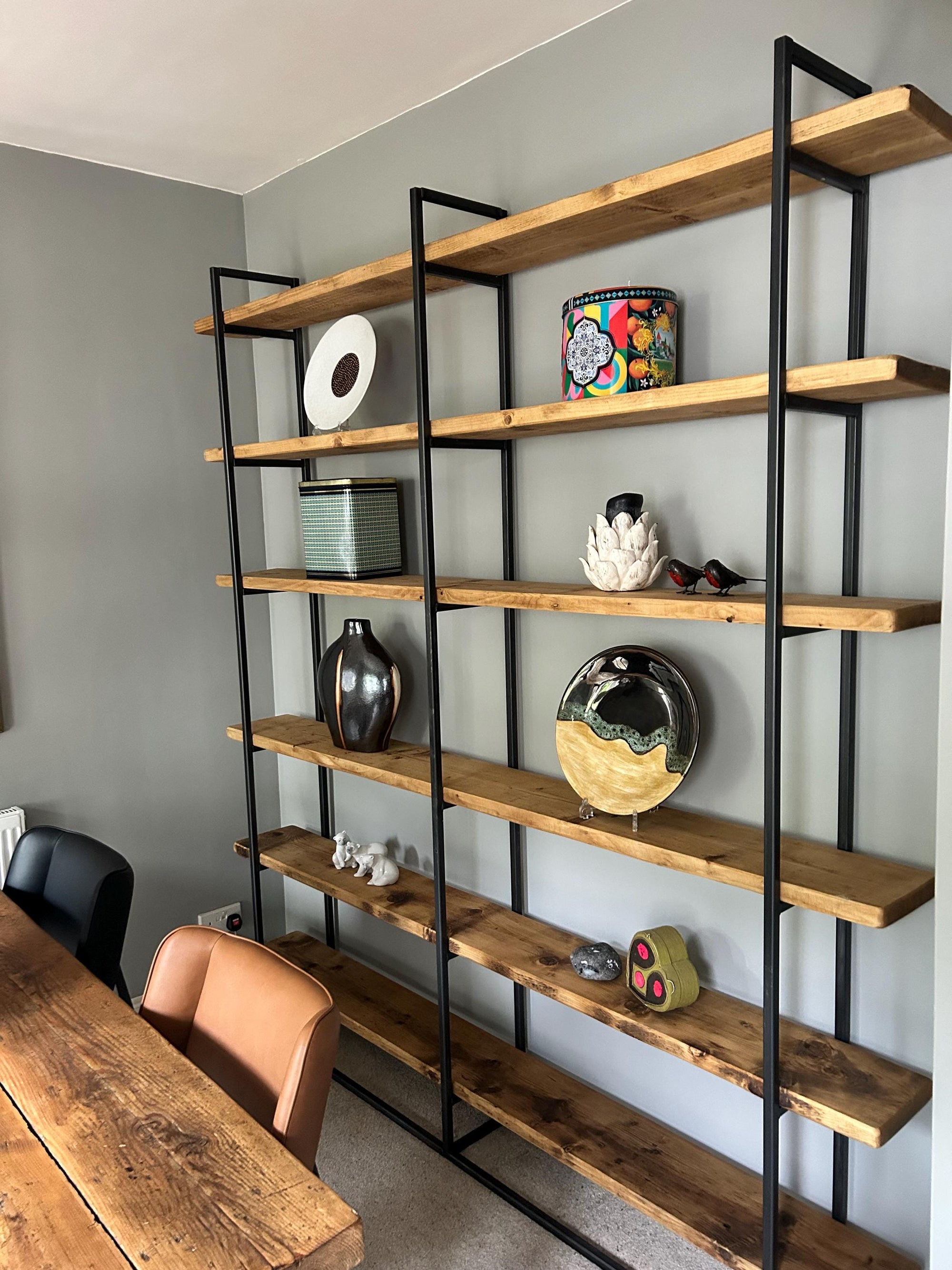 Dark wood bookcase with British box steel ladders and Antique Oak finish, handmade in Devon