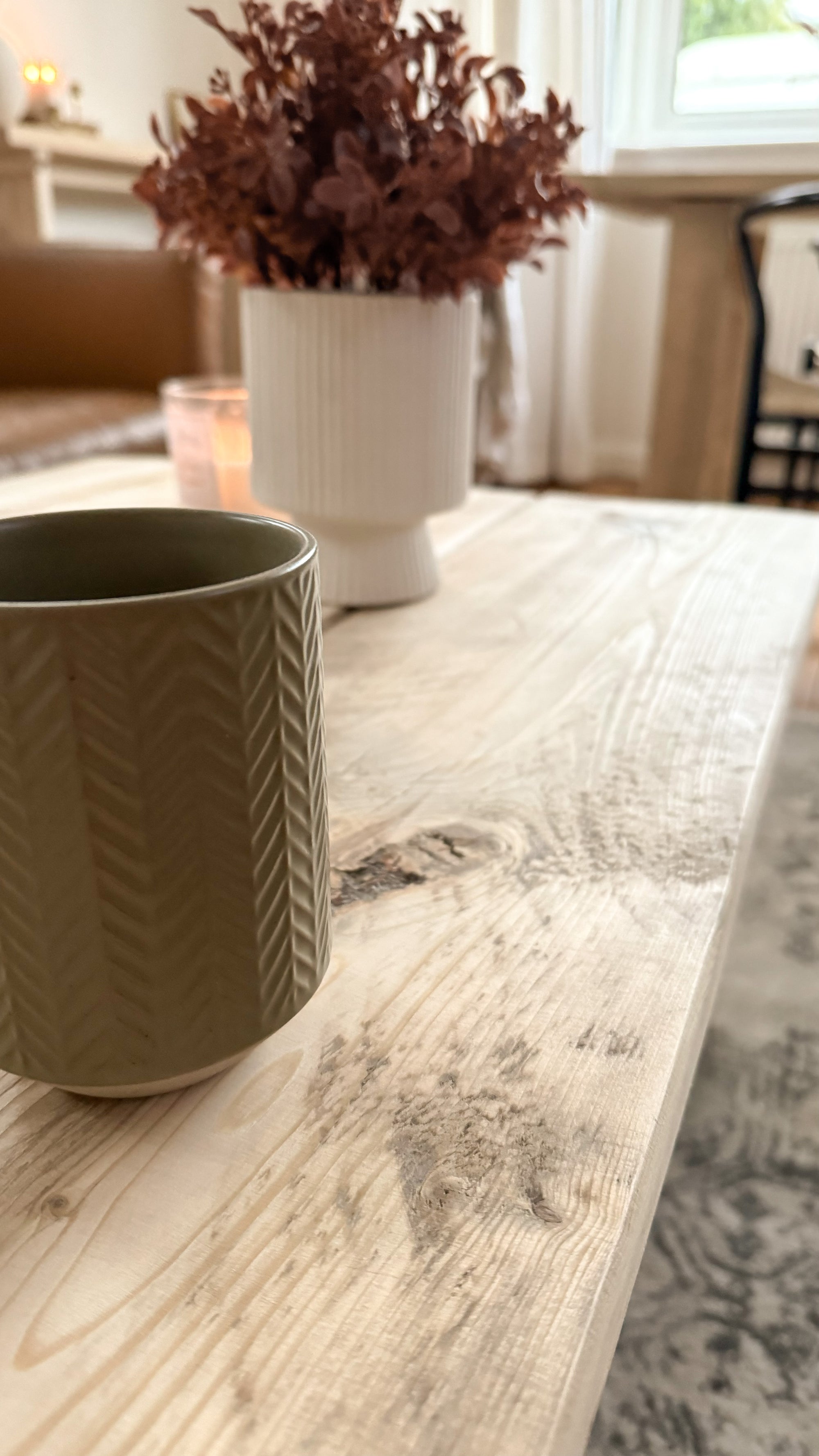 Close-up of reclaimed wood wooden coffee tables in Natural finish with unique patina
