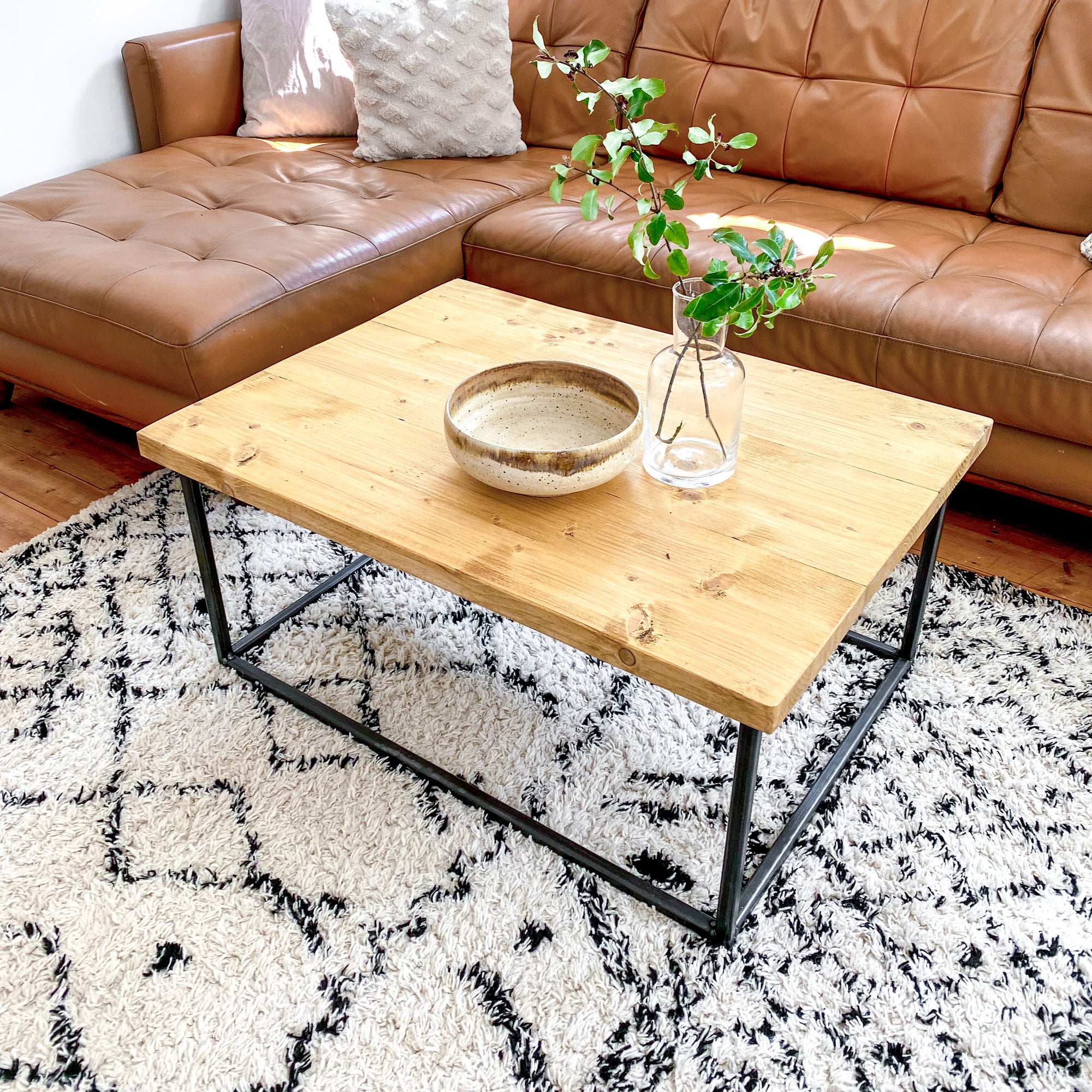 Wood Coffee Table Industrial Solid Reclaimed Rustic Farmhouse Style Plank Top Metal Steel Chunky Handmade in Britain