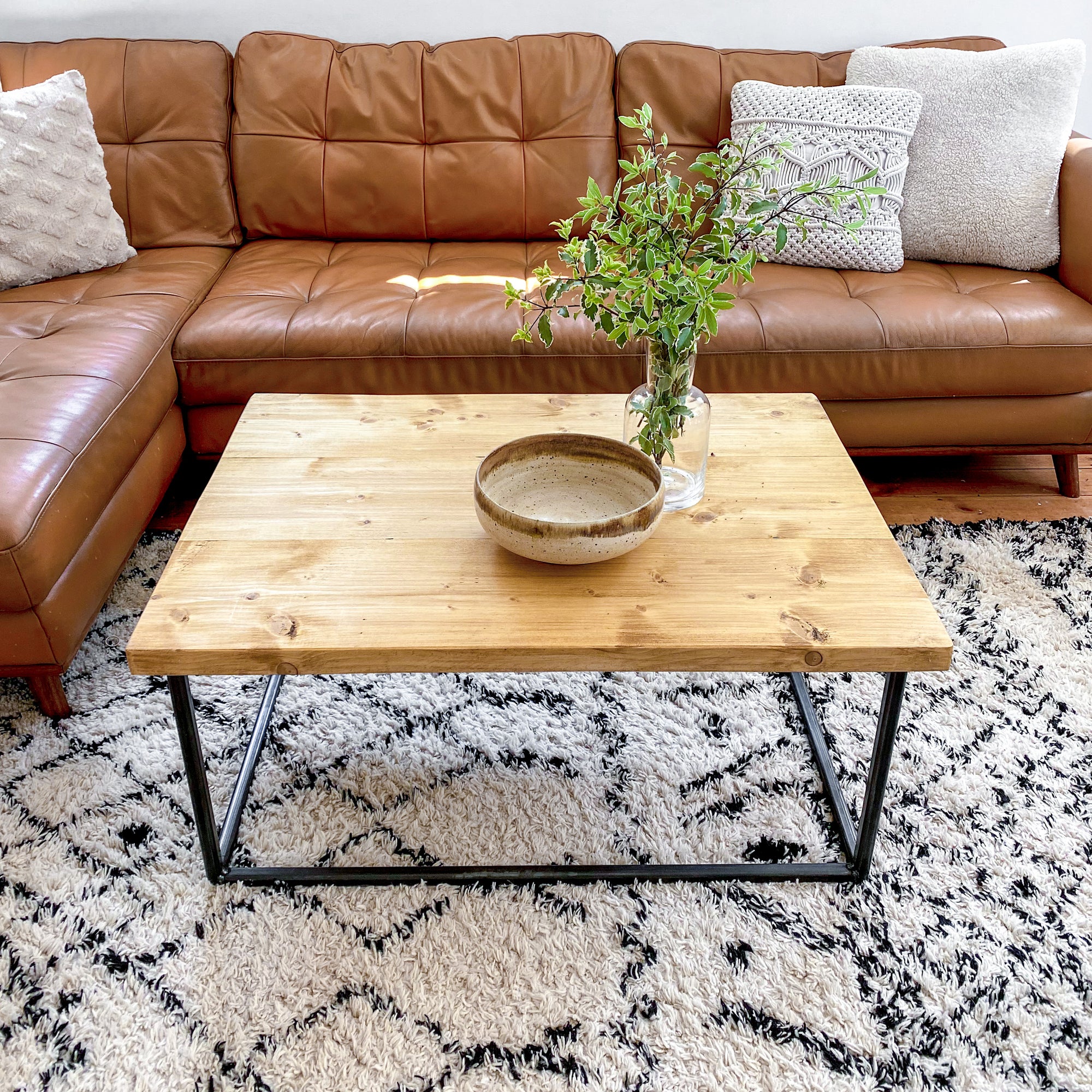 Wood Coffee Table Industrial Solid Reclaimed Rustic Farmhouse Style Plank Top Metal Steel Chunky Handmade in Britain