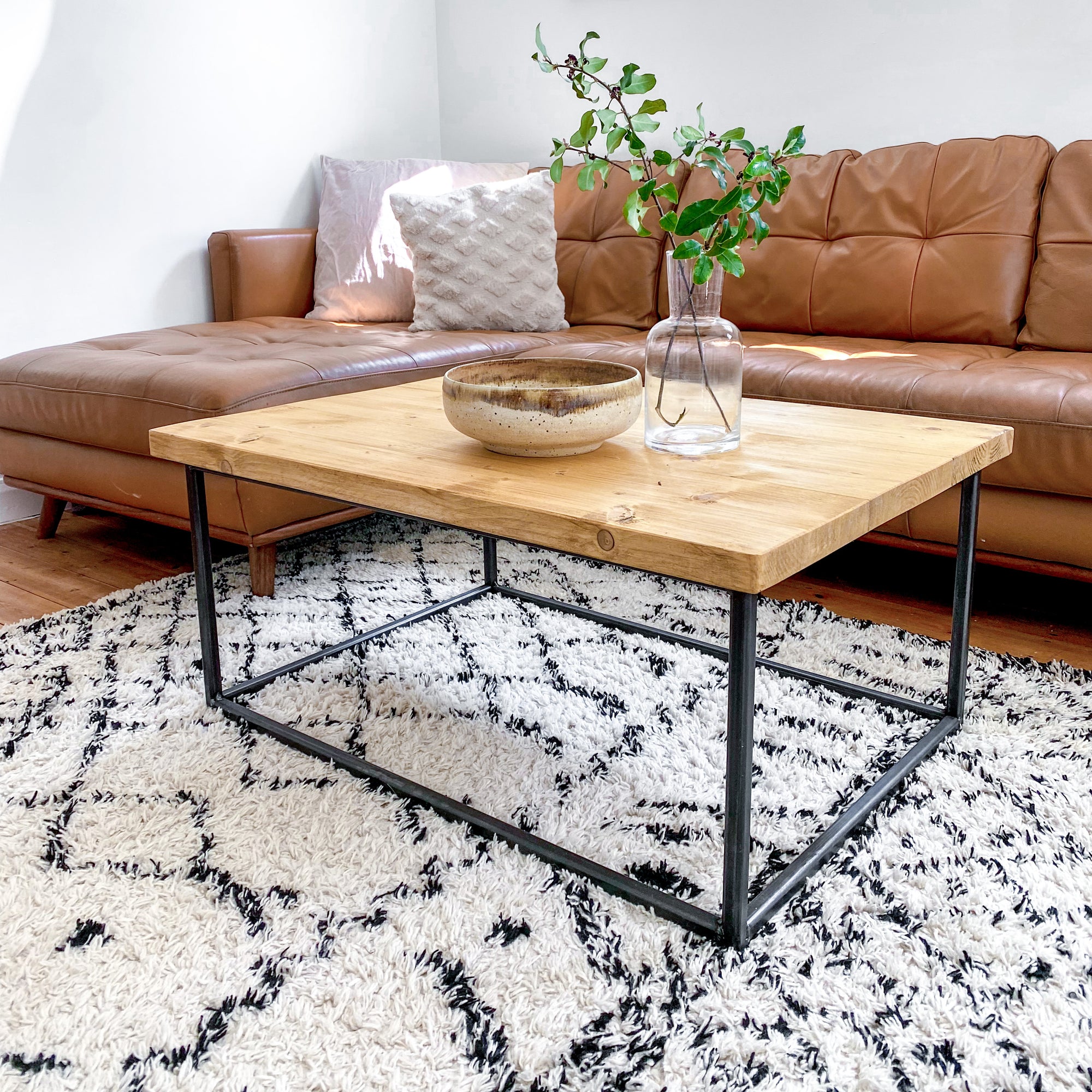 Wood Coffee Table Industrial Solid Reclaimed Rustic Farmhouse Style Plank Top Metal Steel Chunky Handmade in Britain