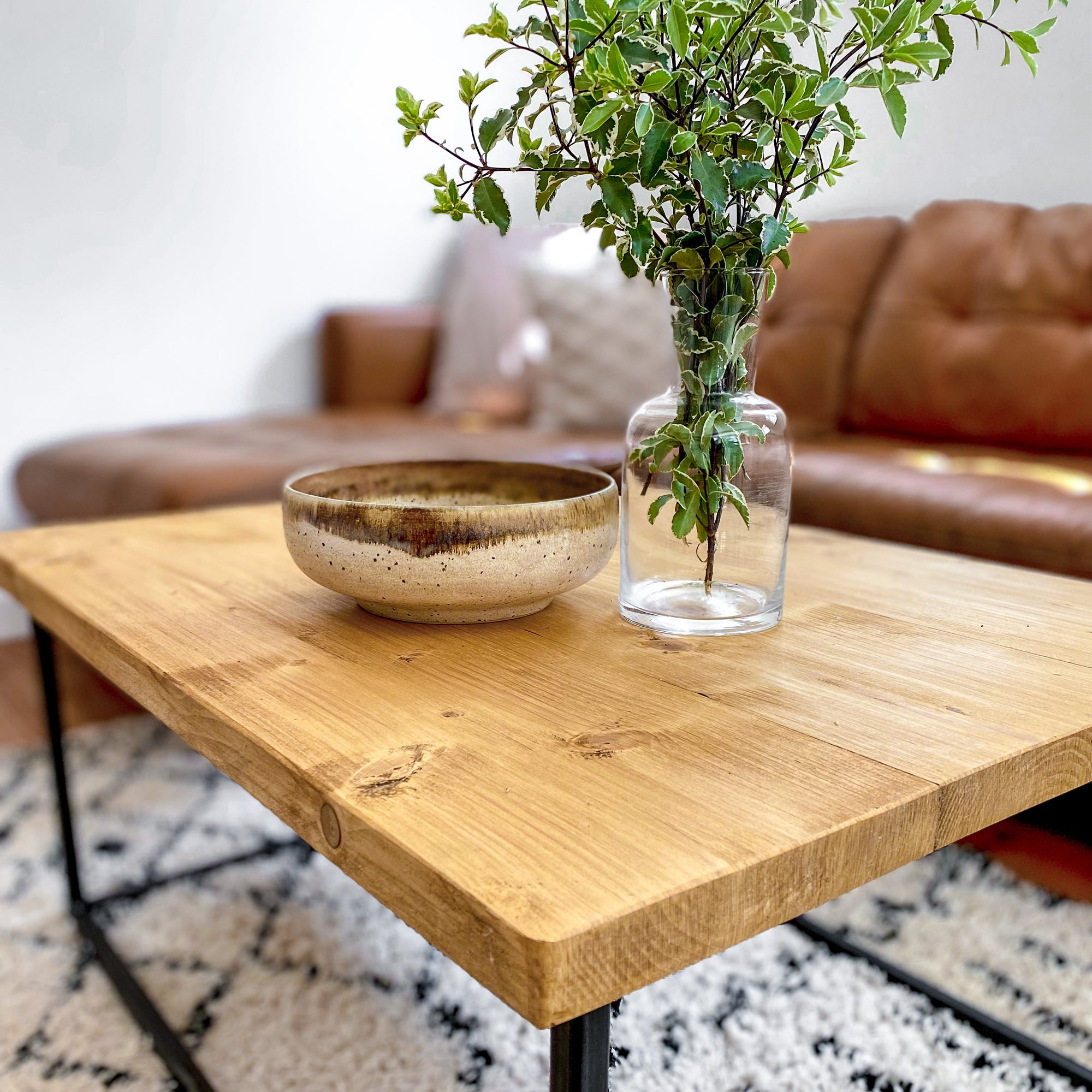 Wood Coffee Table Industrial Solid Reclaimed Rustic Farmhouse Style Plank Top Metal Steel Chunky Handmade in Britain