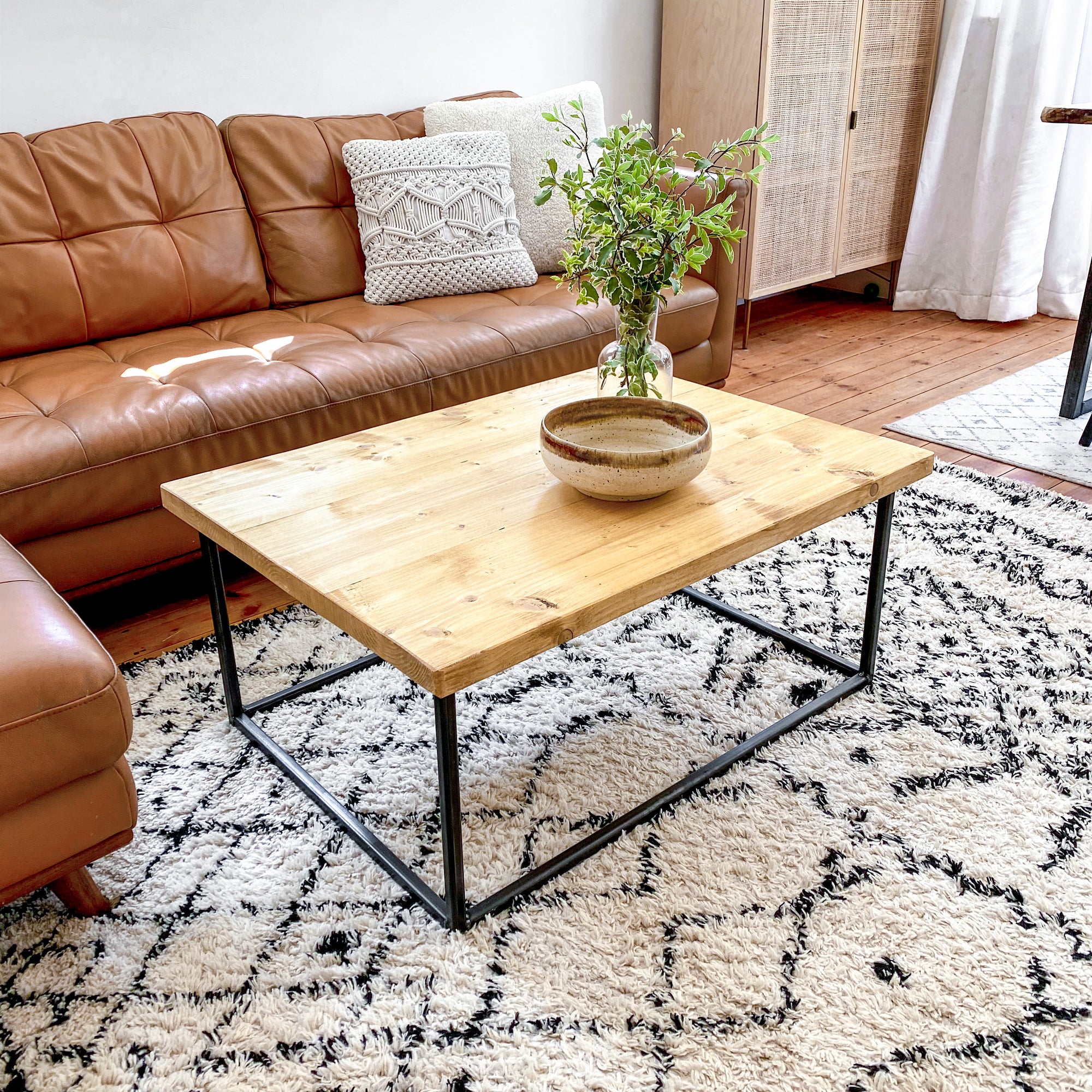 Wood Coffee Table Industrial Solid Reclaimed Rustic Farmhouse Style Plank Top Metal Steel Chunky Handmade in Britain