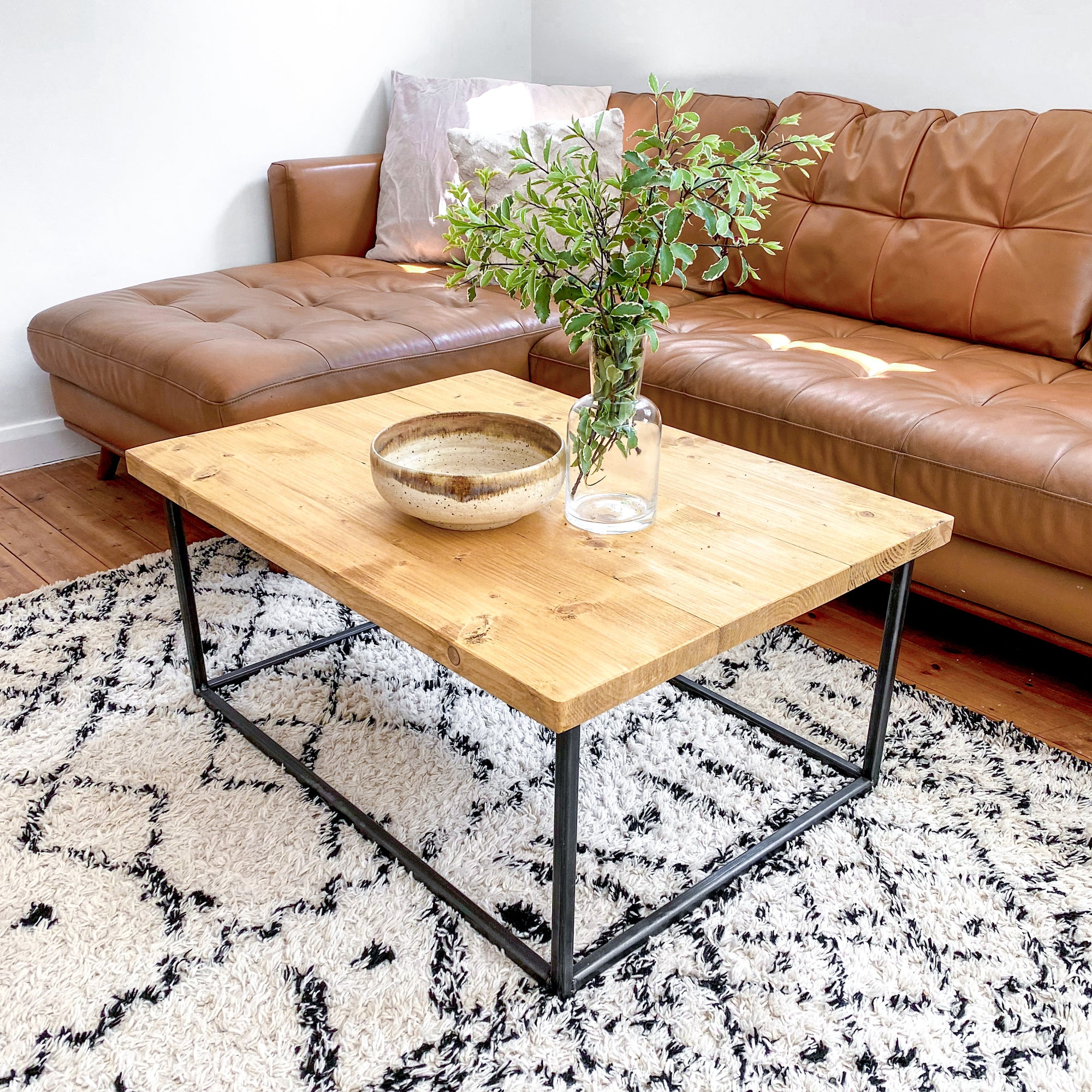Wood Coffee Table Industrial Solid Reclaimed Rustic Farmhouse Style Plank Top Metal Steel Chunky Handmade in Britain