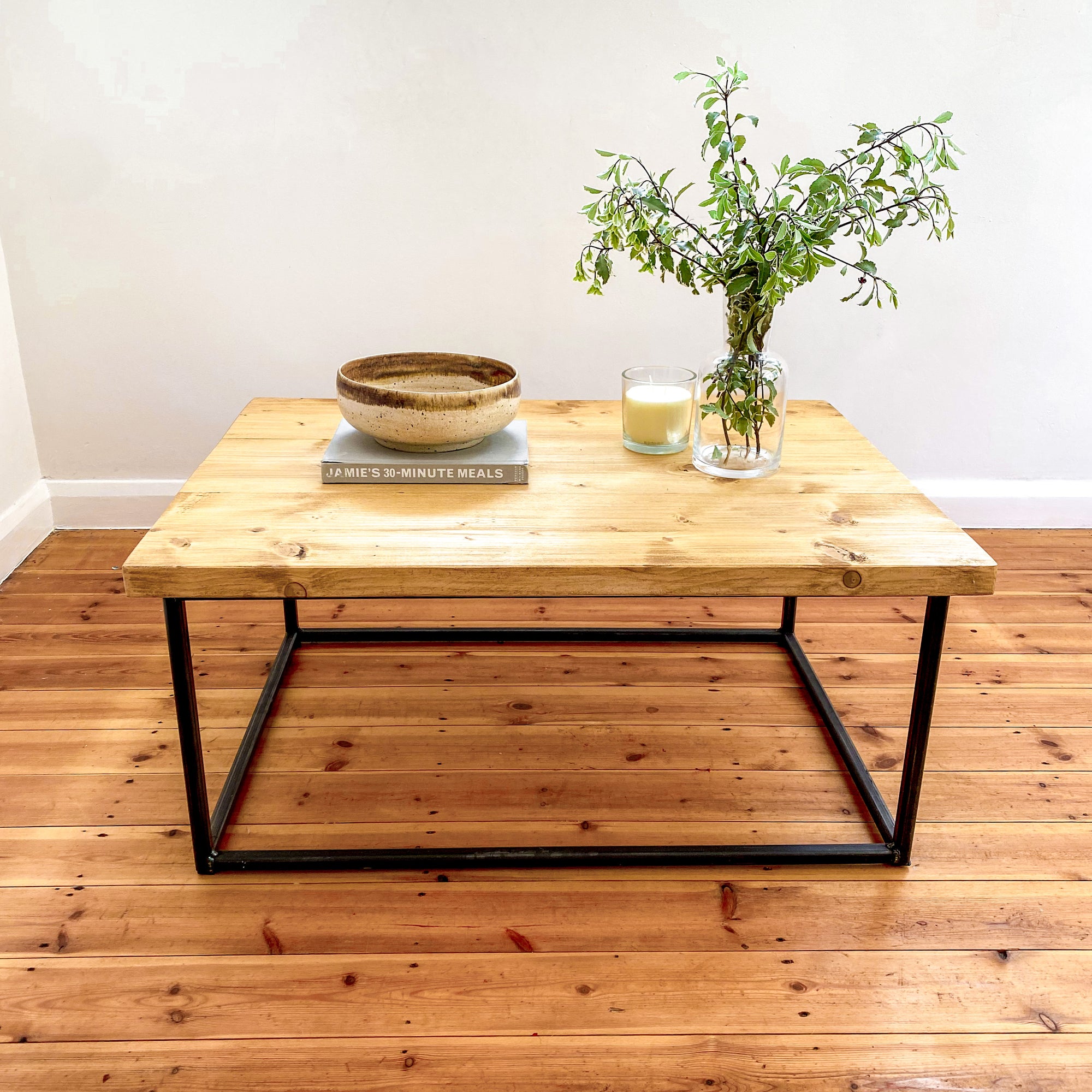 Wood Coffee Table Industrial Solid Reclaimed Rustic Farmhouse Style Plank Top Metal Steel Chunky Handmade in Britain