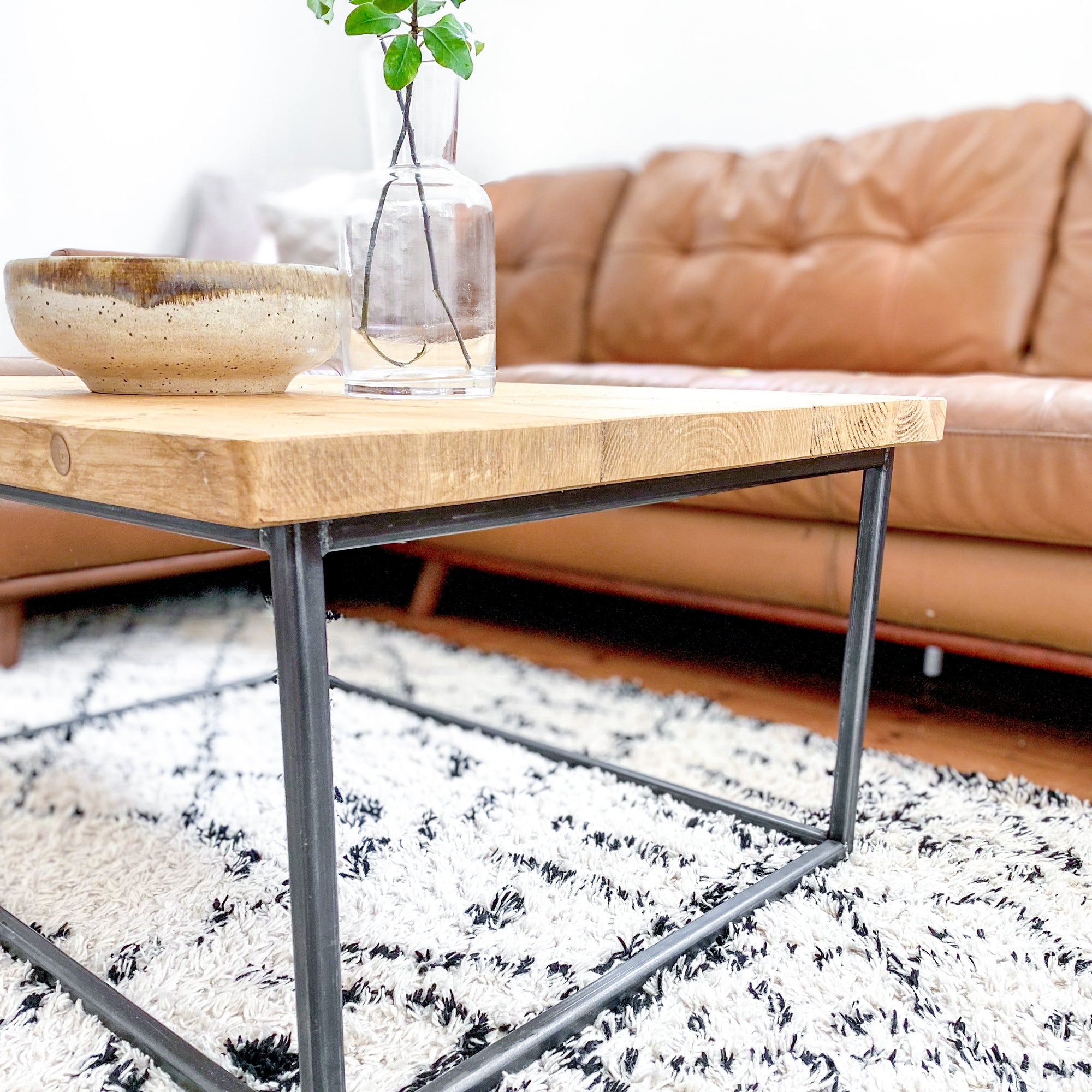 Wood Coffee Table Industrial Solid Reclaimed Rustic Farmhouse Style Plank Top Metal Steel Chunky Handmade in Britain