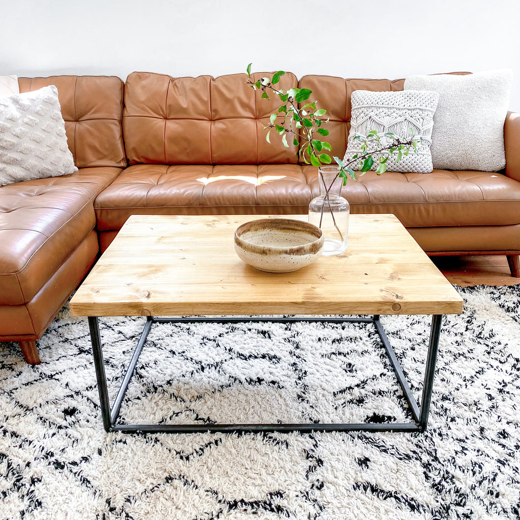 Wood Coffee Table Industrial Solid Reclaimed Rustic Farmhouse Style Plank Top Metal Steel Chunky Handmade in Britain