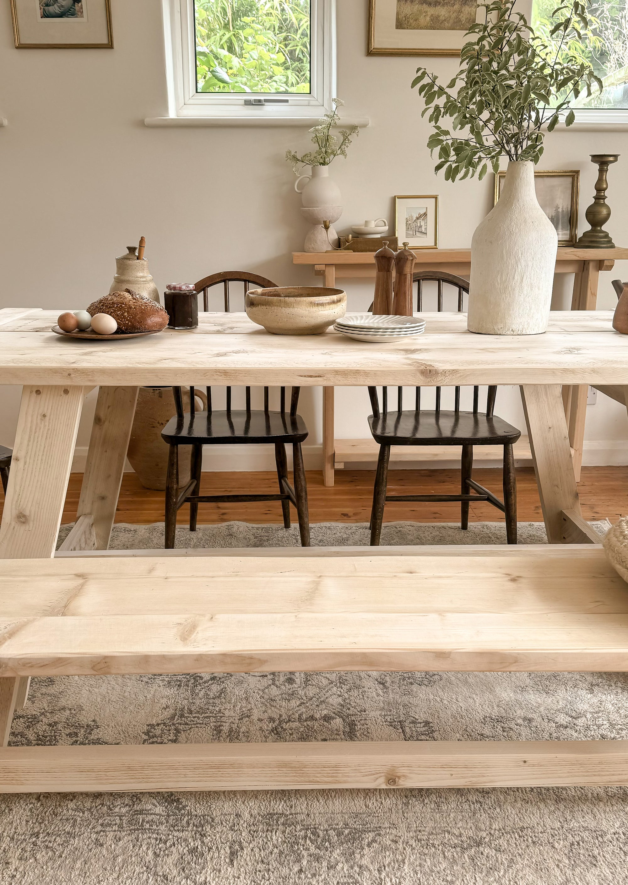 Rustic reclaimed wood dining table and bench set in Natural finish