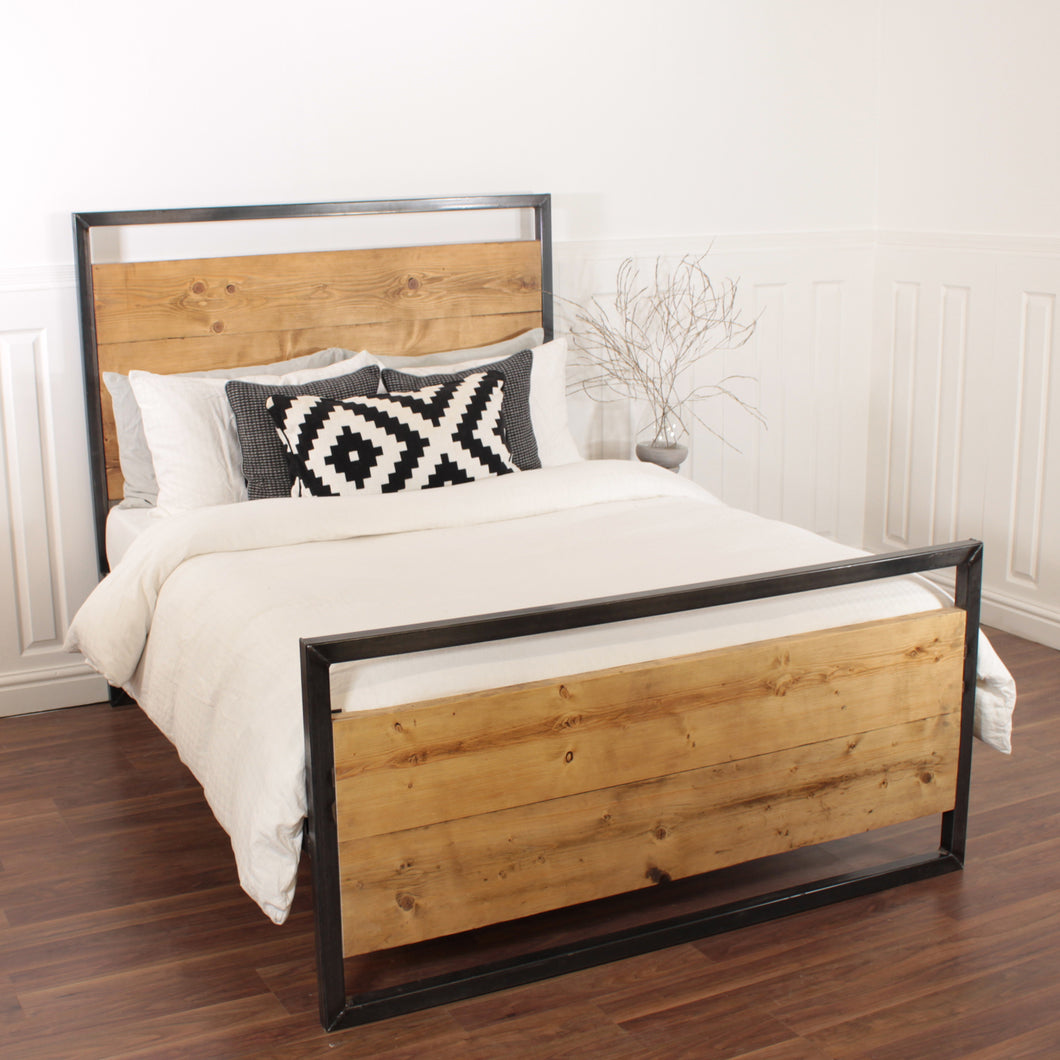 Industrial Bed Handmade Wooden Steel Double Single Frame King Reclaimed Wood Pine Solid Farmhouse Oak Country Metal.