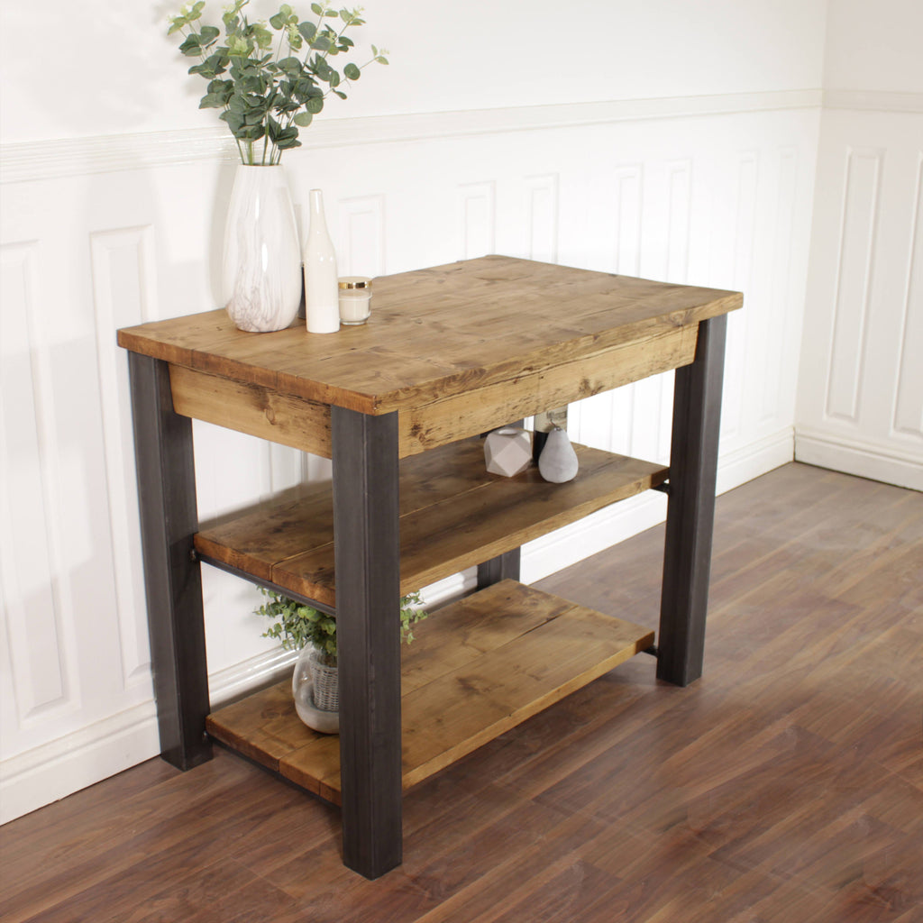 Butchers Block Kitchen Island Industrial Breakfast Bar Dining Table Rustic Storage Unit Solid Wood Worktop Steel Coffee Cafe.