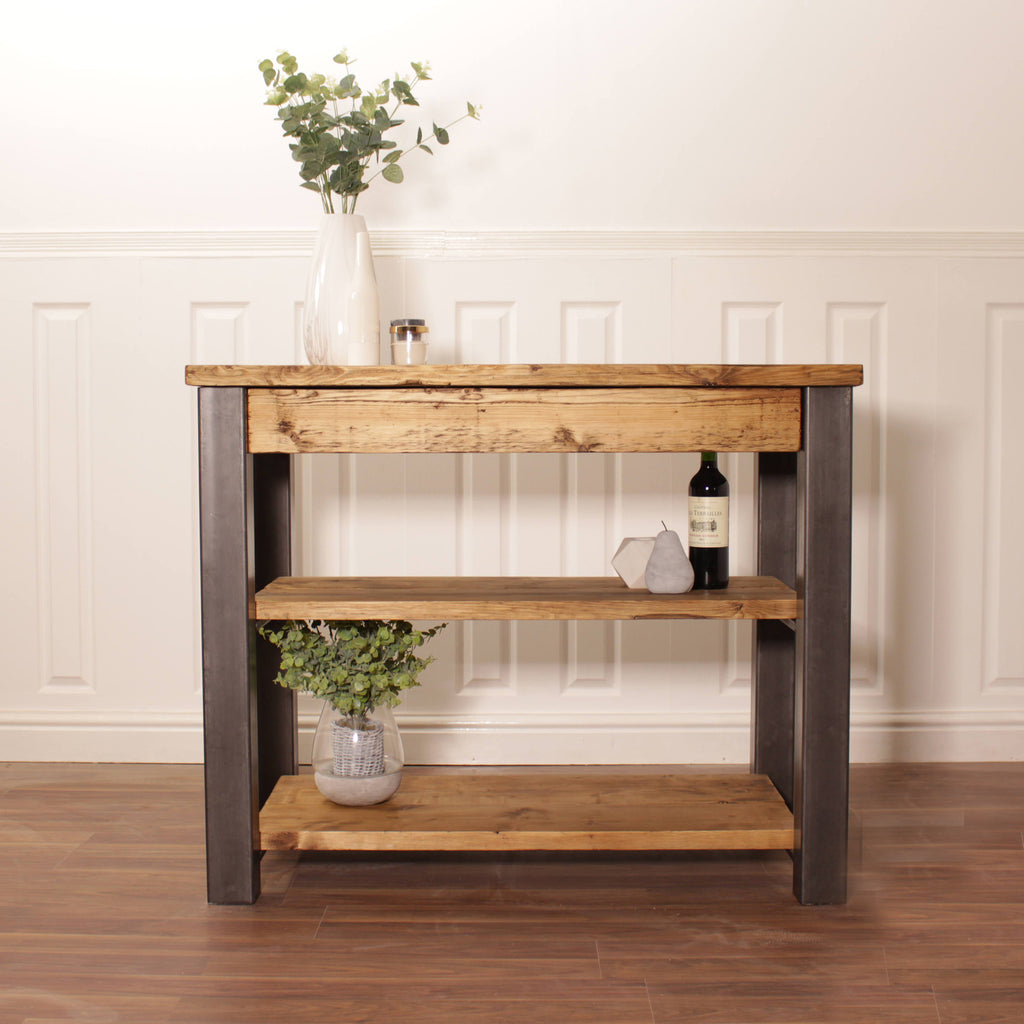 Butchers Block Kitchen Island Industrial Breakfast Bar Dining Table Rustic Storage Unit Solid Wood Worktop Steel Coffee Cafe.