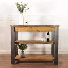 Load image into Gallery viewer, Butchers Block Kitchen Island Industrial Breakfast Bar Dining Table Rustic Storage Unit Solid Wood Worktop Steel Coffee Cafe.
