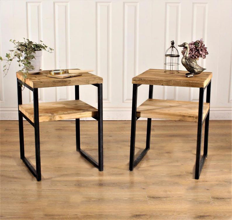 Industrial Bedside Table Pair Rustic Reclaimed Side Handmade Nightstand Vintage Farmhouse End Coffee Cabinet Chest Retro Wood Metal Steel Shabby Bear Cottage