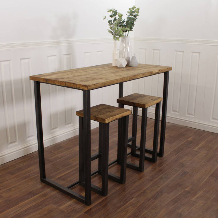 Breakfast Bar Kitchen Worktop Table Solid Wood Stool Set Industrial Reclaimed Butchers Block Island Pine Oak Bench Rustic Steel Metal Seat
