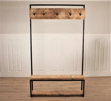 Load image into Gallery viewer, Industrial Hall Stand Coat Rack Storage Shoe Hooks Wood Rustic Reclaimed Umbrella Stand Bench Seat Entryway Handmade Steel Handbag Hallway Clothes.
