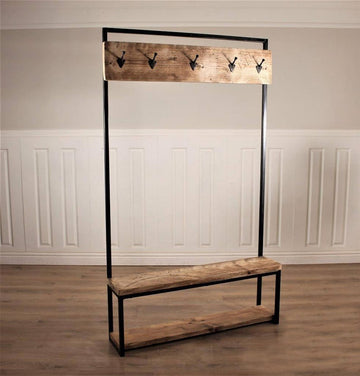 Industrial Hall Stand Coat Rack Storage Shoe Hooks Wood Rustic Reclaimed Umbrella Stand Bench Seat Entryway Handmade Steel Handbag Hallway Clothes Shabby Bear Cottage