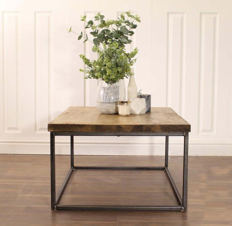 Industrial Coffee Table Solid Wood Vintage Reclaimed Rustic Farmhouse Style Plank Top Metal Steel Chunky Handmade in Britain.