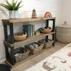 Childrens Bookcase Toy Storage Shelf Wall Shelves Solid Wooden Natural Rustic Chunky Bedroom Set Play Area Montessori Room Kids Display Open Books.