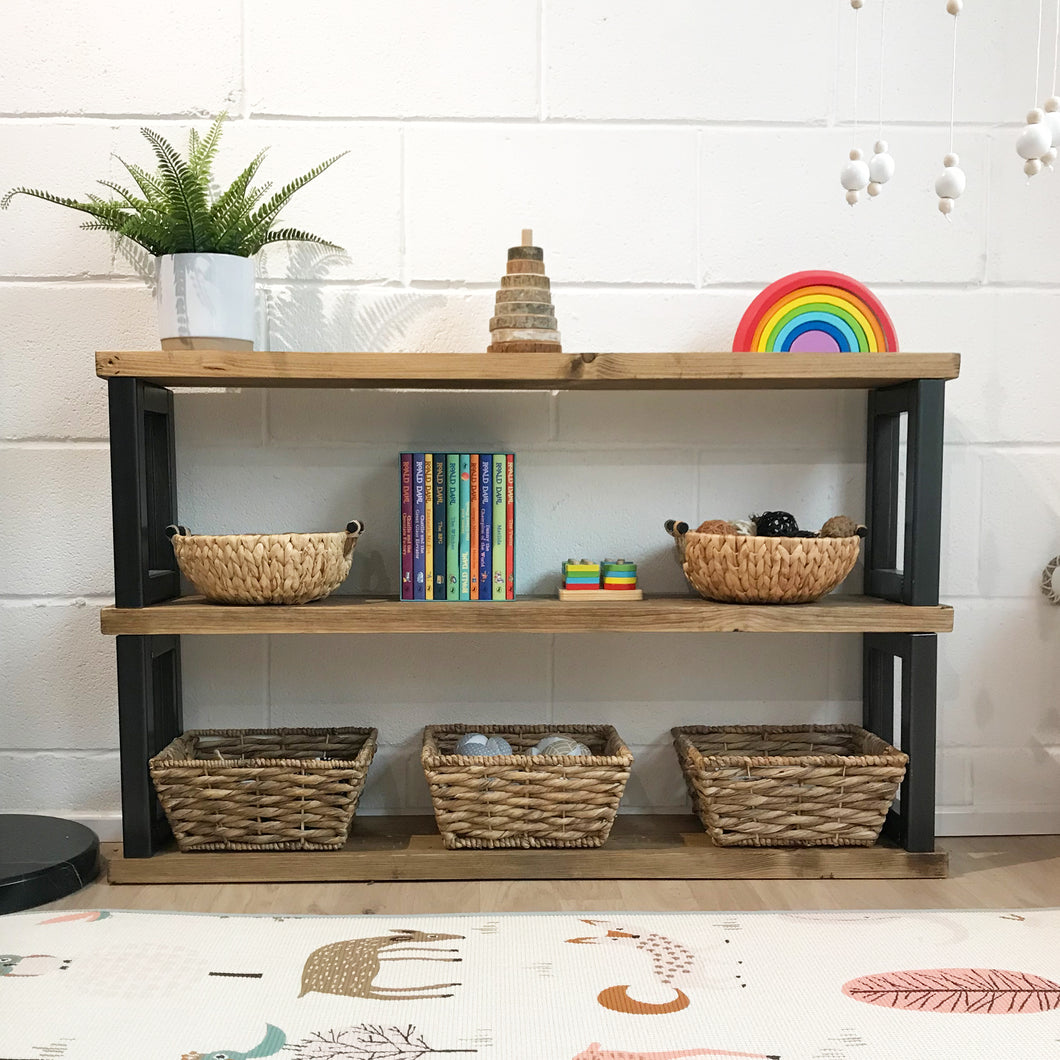 Childrens Bookcase Toy Storage Shelf Wall Shelves Solid Wooden Natural Rustic Chunky Bedroom Set Play Area Montessori Room Kids Display Open Books.