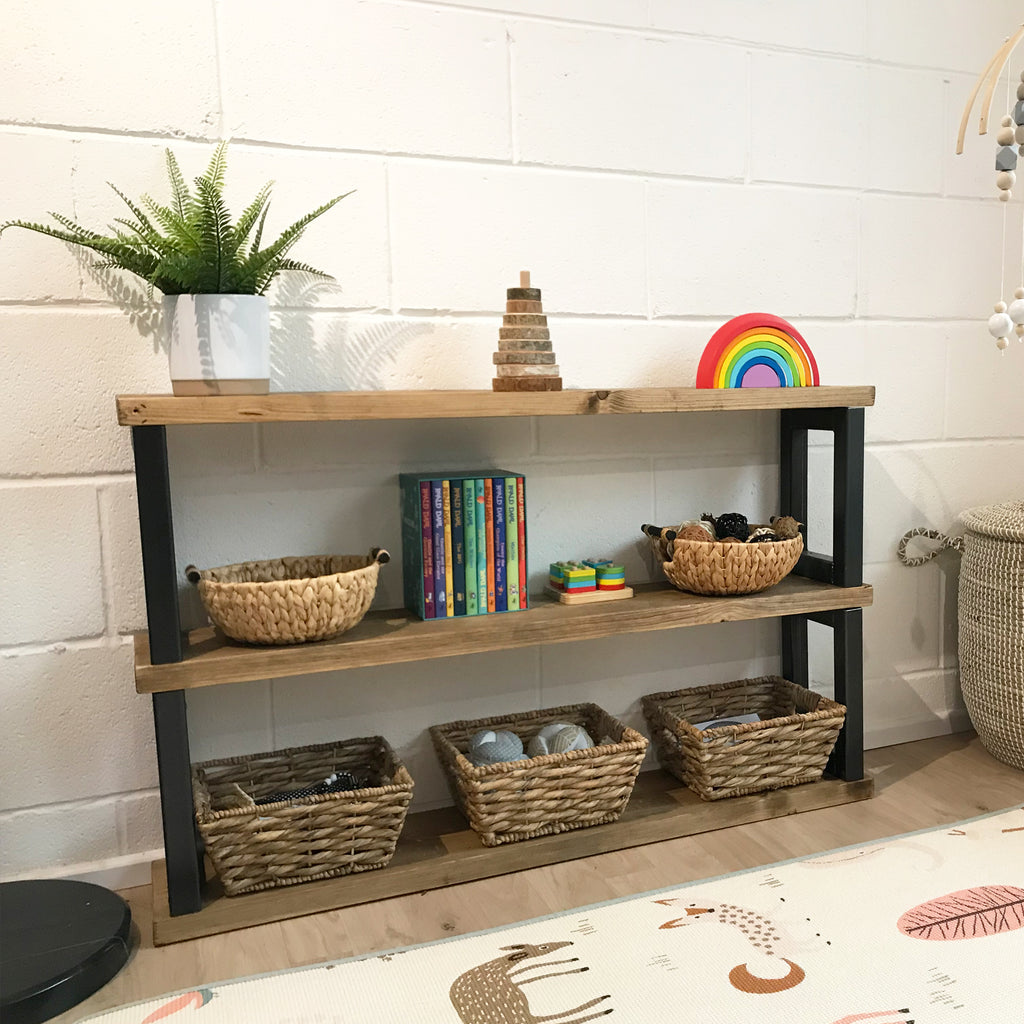 Childrens Bookcase Toy Storage Shelf Wall Shelves Solid Wooden Natural Rustic Chunky Bedroom Set Play Area Montessori Room Kids Display Open Books.