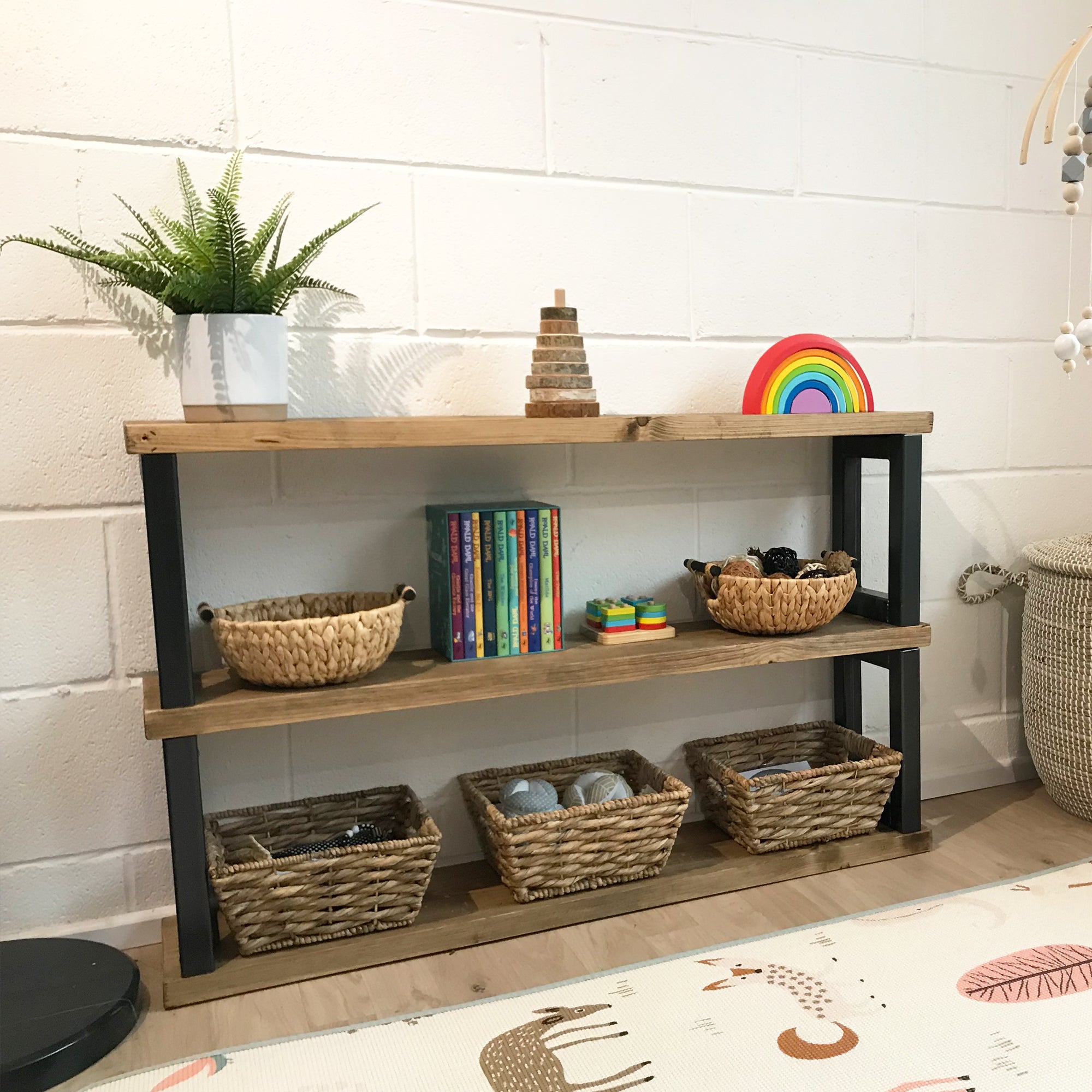 Childrens Bookcase Toy Storage Shelf Wall Shelves Solid Wooden Natural Rustic Chunky Bedroom Set Play Area Montessori Room Kids Display Open Books.
