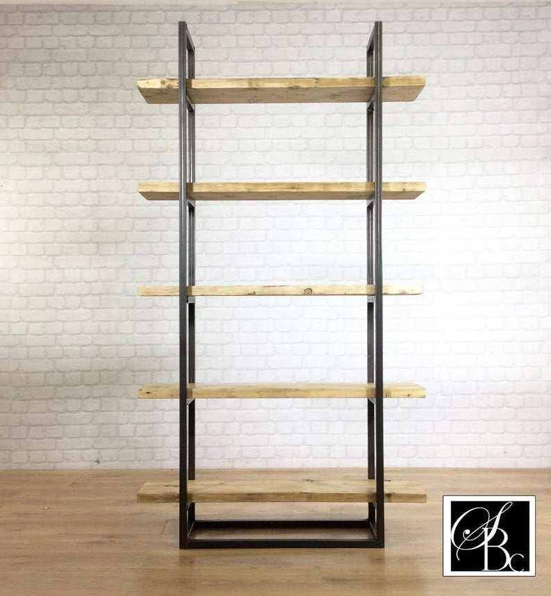 Industrial Retro Bookcase Unit Vintage Metal Reclaimed Solid Wood Storage Pine Oak Metal Shelves Shelf Display Bespoke Handmade in Britain.