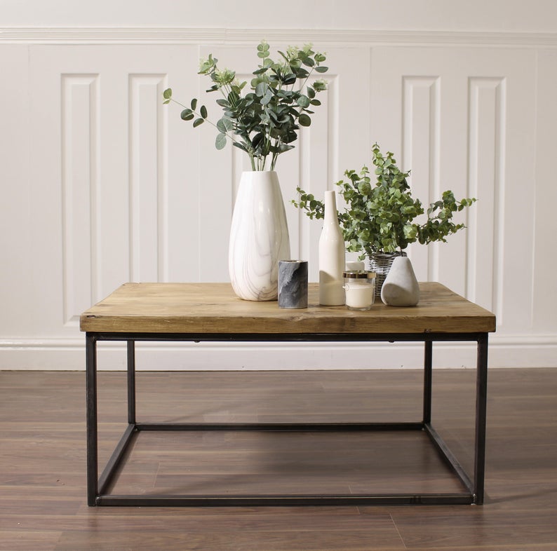 Rustic Coffee Table showcasing Antique Pine Wood Finish and Box Steel Base