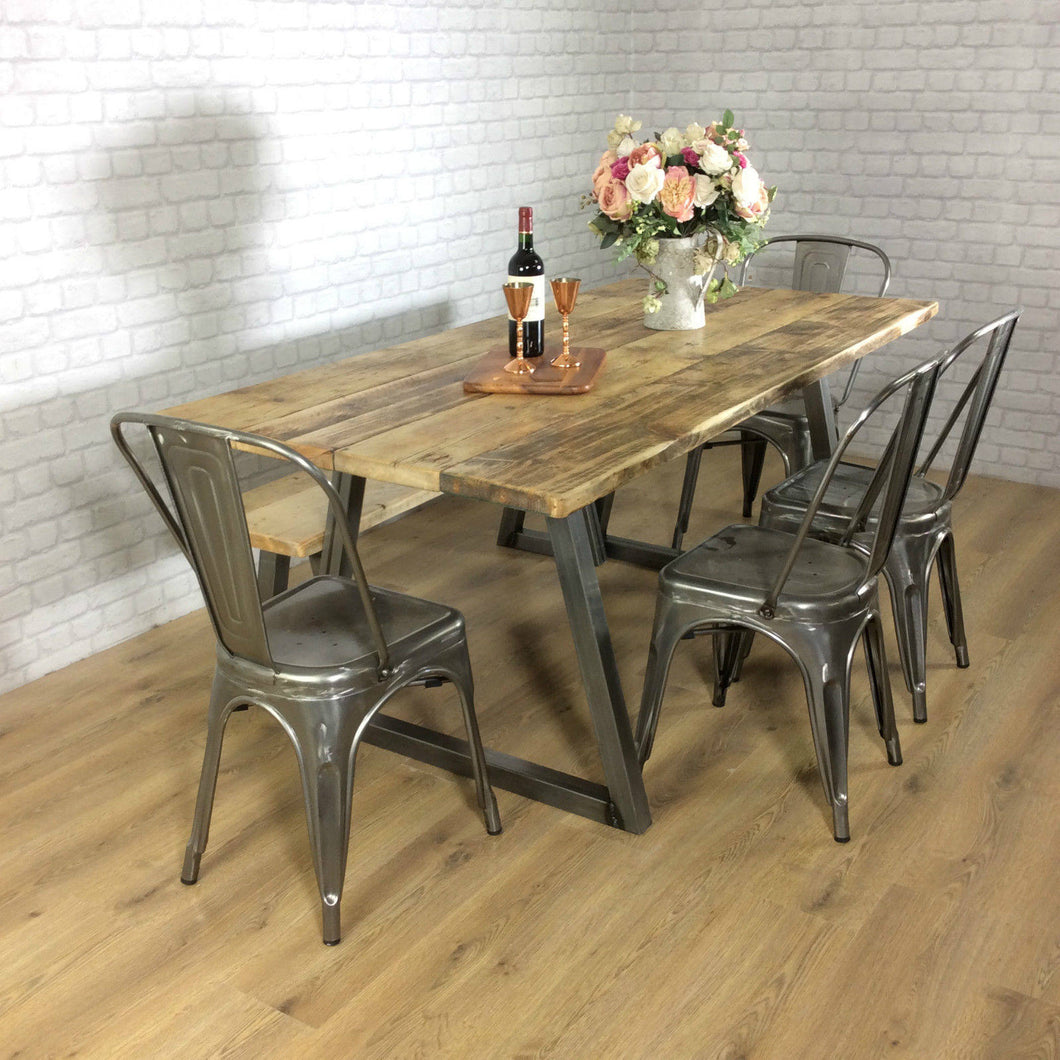 Rustic Dining table Industrial 6 8 Seater Solid Reclaimed Wood Metal Bar Cafe Restaurant Furniture Steel Handmade in Britain ALL SIZES.