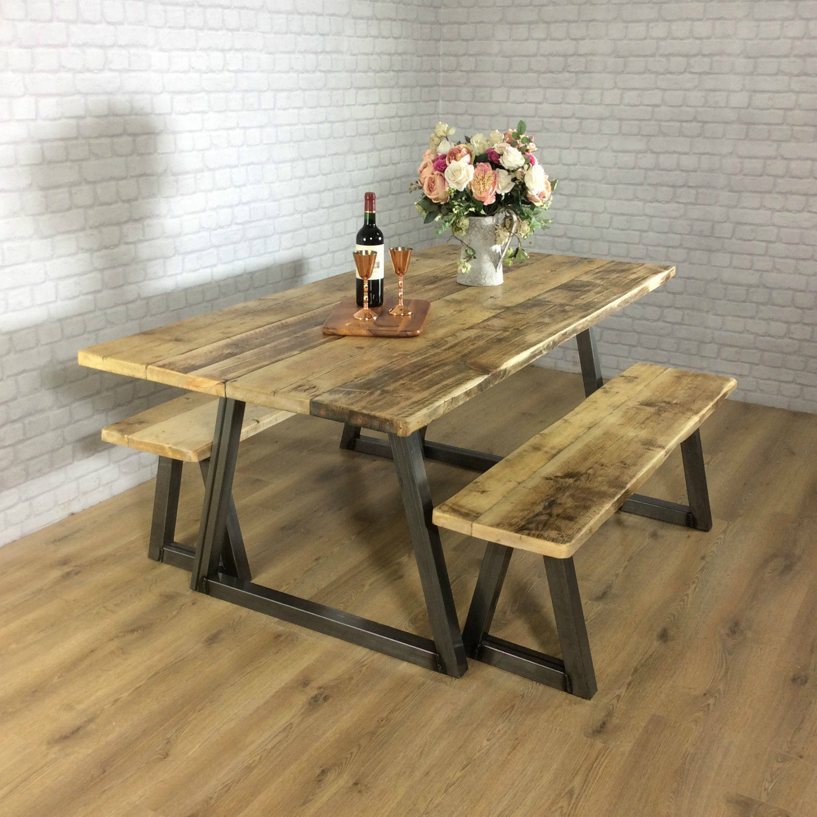 Rustic Dining table Industrial 6 8 Seater Solid Reclaimed Wood Metal Bar Cafe Restaurant Furniture Steel Handmade in Britain ALL SIZES.