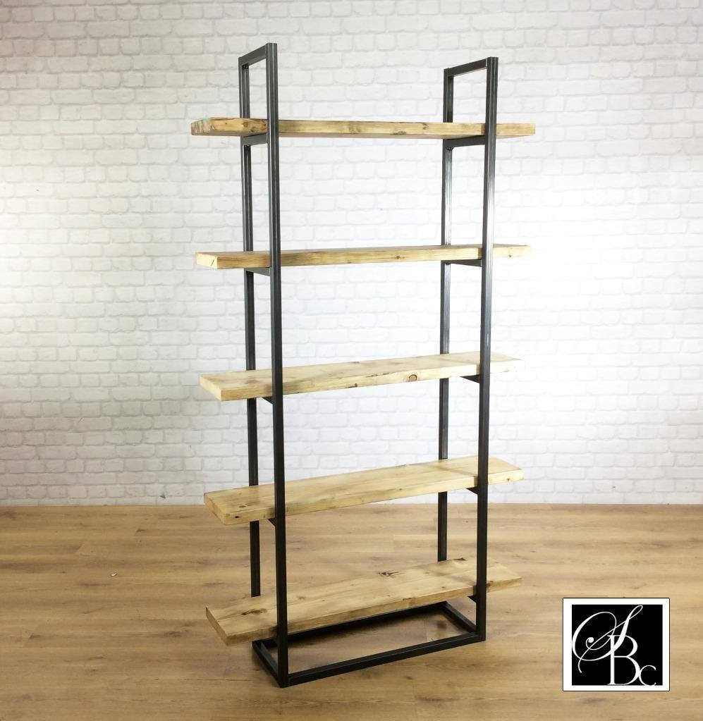 Industrial Retro Bookcase Unit Vintage Metal Reclaimed Solid Wood Storage Pine Oak Metal Shelves Shelf Display Bespoke Handmade in Britain.