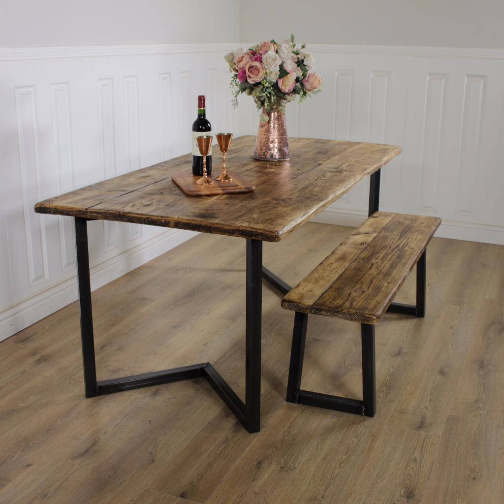 Industrial Dining Table Rustic solid Kitchen farmhouse Steel Reclaimed Lewis.