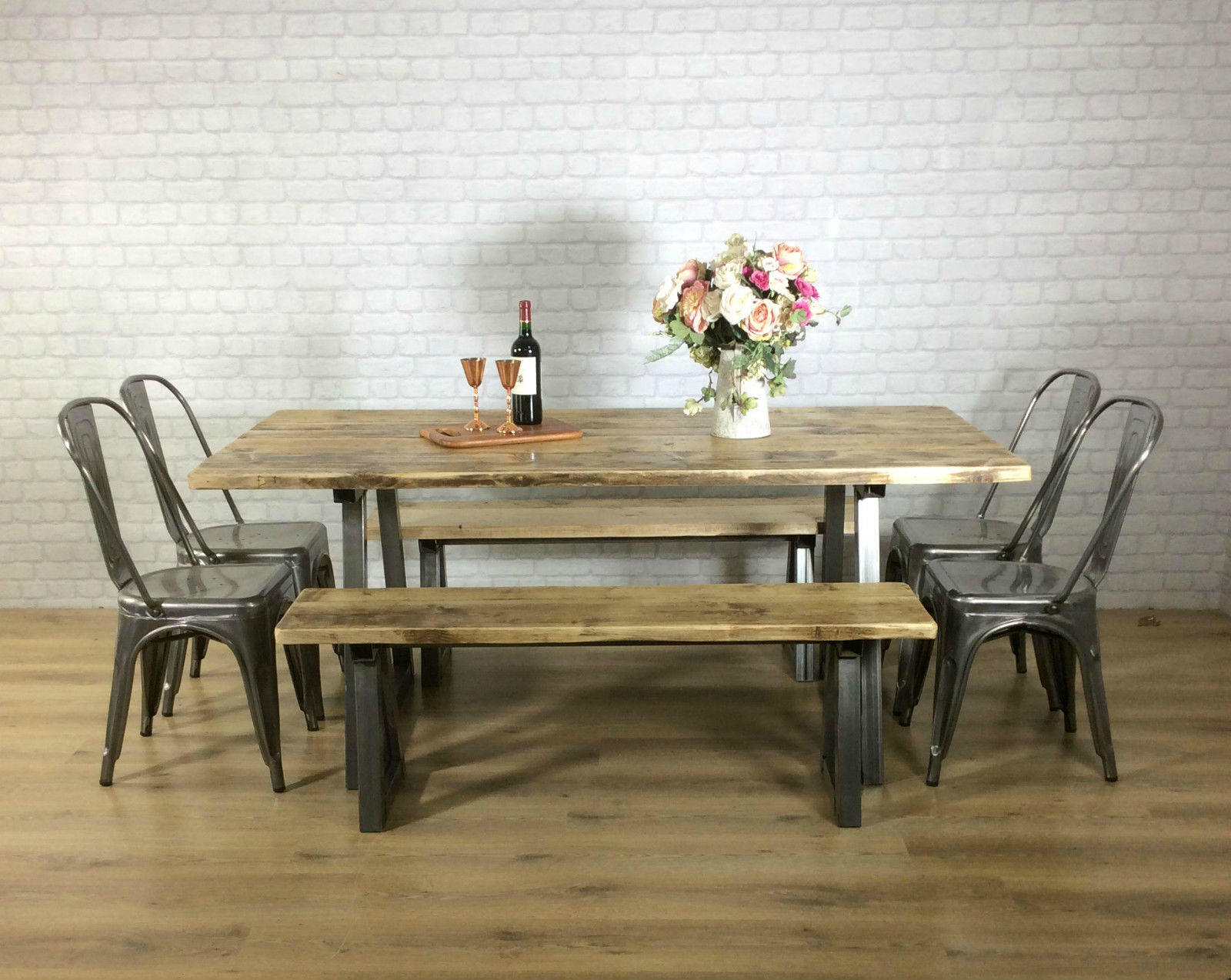 Rustic Dining table Industrial 6 8 Seater Solid Reclaimed Wood Metal Bar Cafe Restaurant Furniture Steel Handmade in Britain ALL SIZES.
