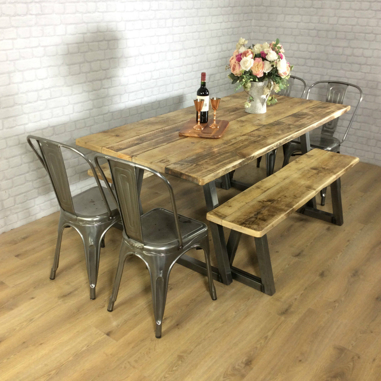 Rustic Dining table Industrial 6 8 Seater Solid Reclaimed Wood Metal Bar Cafe Restaurant Furniture Steel Handmade in Britain ALL SIZES.