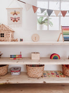 Wooden Toy Shelf Montessori Open Storage Bookcase Toyshelf Display wood raw play toddler kids bedroom furniture Scandi Nordic rustic boho shelving.