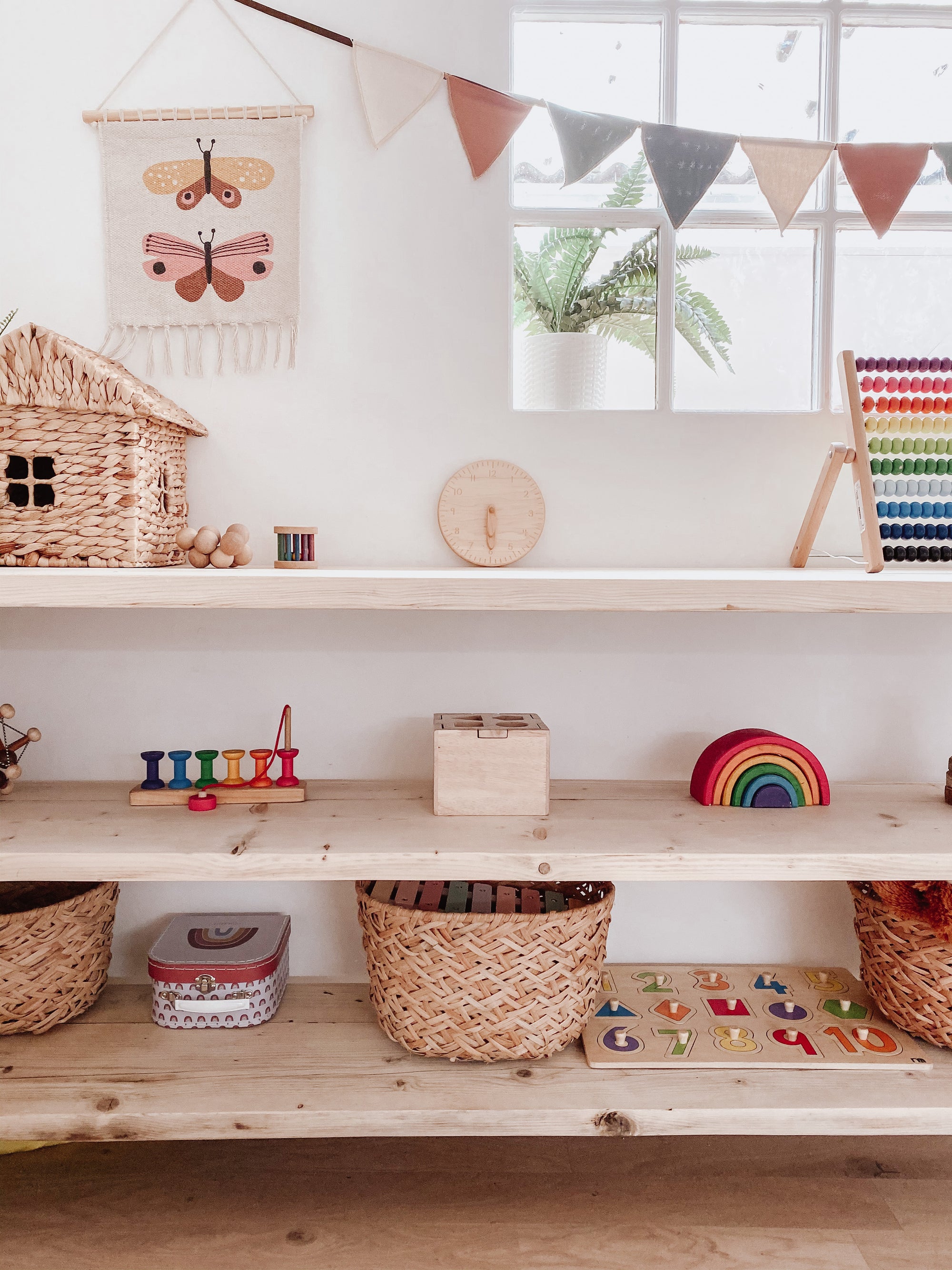 Wooden Toy Shelf Montessori Open Storage Bookcase Toyshelf Display wood raw play toddler kids bedroom furniture Scandi Nordic rustic boho shelving.