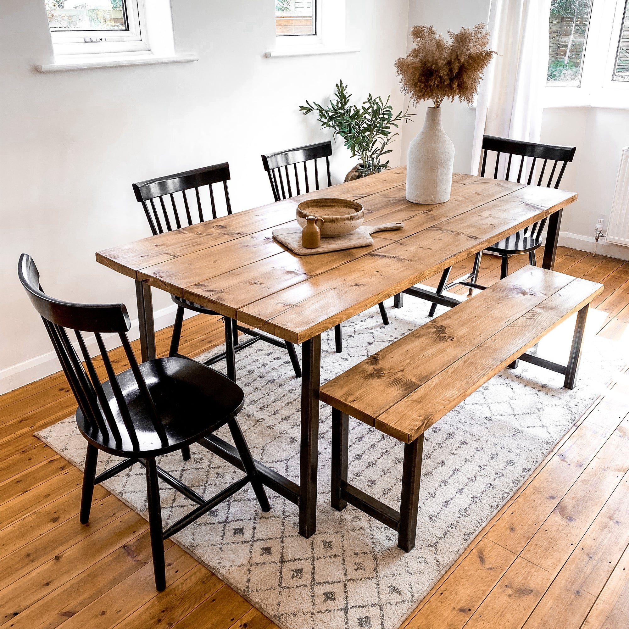 Kitchen Table Dining Set With Bench Oak Wood Small to 8 Seater Space Saving Wooden Scandi 4 seat Chairs Rustic Reclaimed Narrow Farmhouse Modern