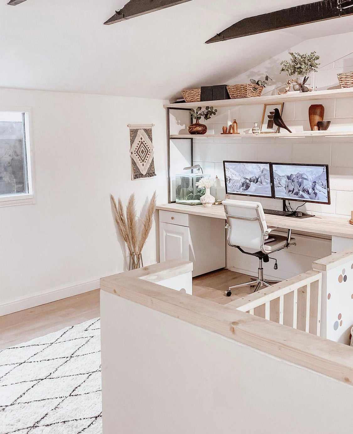 Office desk shelves built in wall cabinet bespoke solid wood pine oak large executive monitor stand open shelves bookcase.