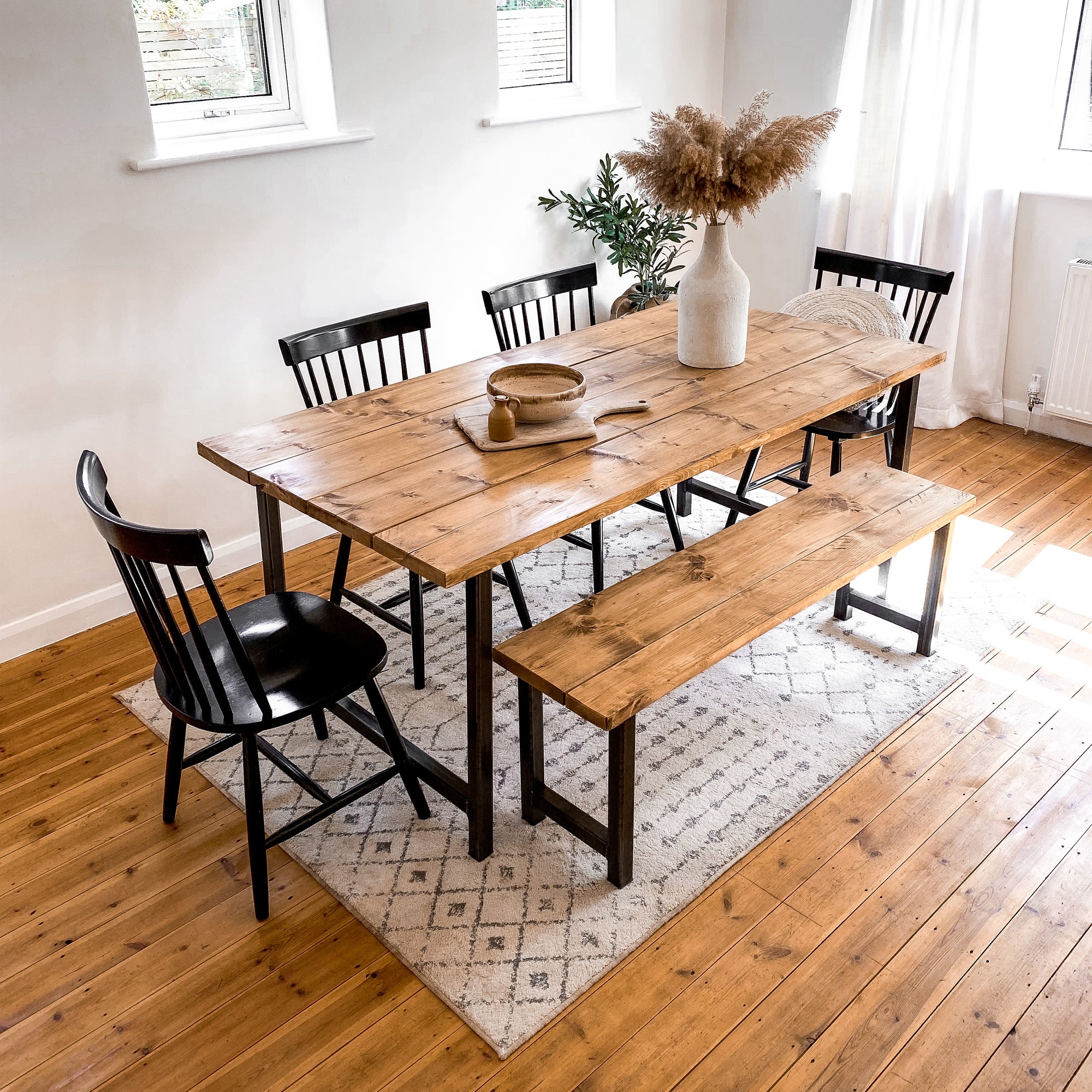 Kitchen Table Dining Set With Bench Oak Wood Small to 8 Seater Space Saving Wooden Scandi 4 seat Chairs Rustic Reclaimed Narrow Farmhouse Modern