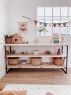 Wooden Toy Shelf Montessori Open Storage Bookcase Toyshelf Display wood raw play toddler kids bedroom furniture Scandi Nordic rustic boho shelving.