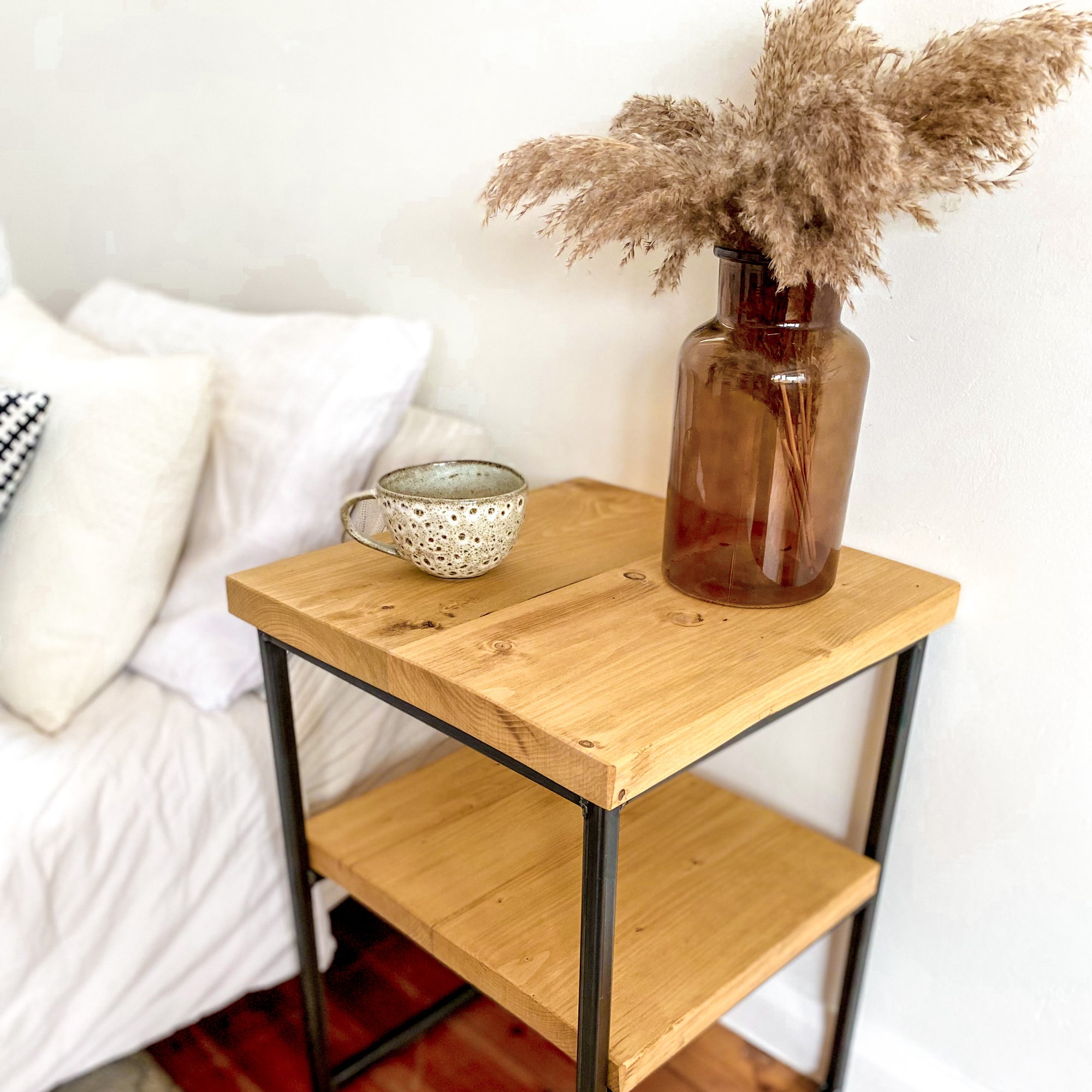 Wooden Bedside Table Small Side set Narrow Slim Oak Rustic Nightstand Bed Tall Low Pine Industrial Metal Scandi Mid century