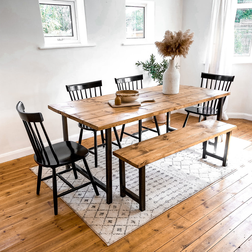 Kitchen Table Dining Set With Bench Oak Wood Small to 8 Seater Space Saving Wooden Scandi 4 seat Chairs Rustic Reclaimed Narrow Farmhouse Modern