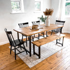 Kitchen Table Dining Set With Bench Oak Wood Small to 8 Seater Space Saving Wooden Scandi 4 seat Chairs Rustic Reclaimed Narrow Farmhouse Modern