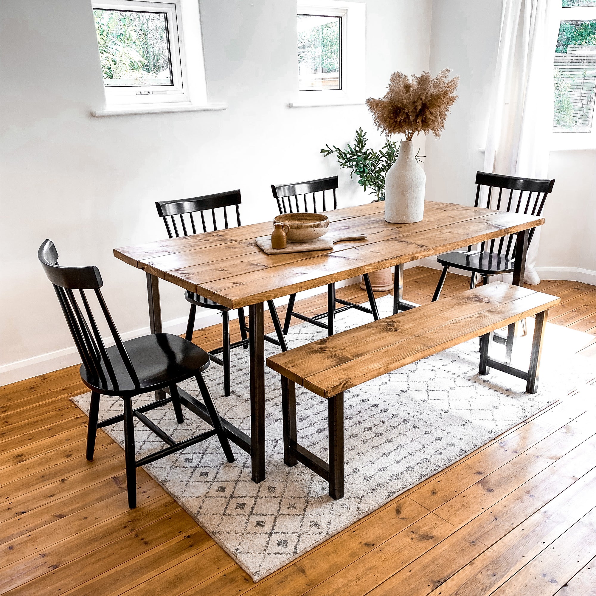 Kitchen Table Dining Set With Bench Oak Wood Small to 8 Seater Space Saving Wooden Scandi 4 seat Chairs Rustic Reclaimed Narrow Farmhouse Modern